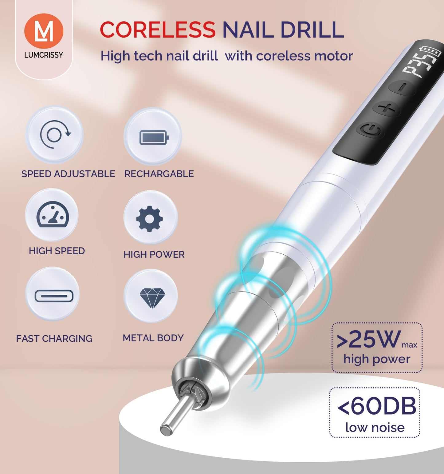 Lumcrissy Coreless Motor Cordless Nail Drill, Low Noise Electric File, Portable Nail Drill Machine for Acrylic Nails - Pearl White, 6H Rechargeable, 1100mAh, Ultra Quiet Professional Kit