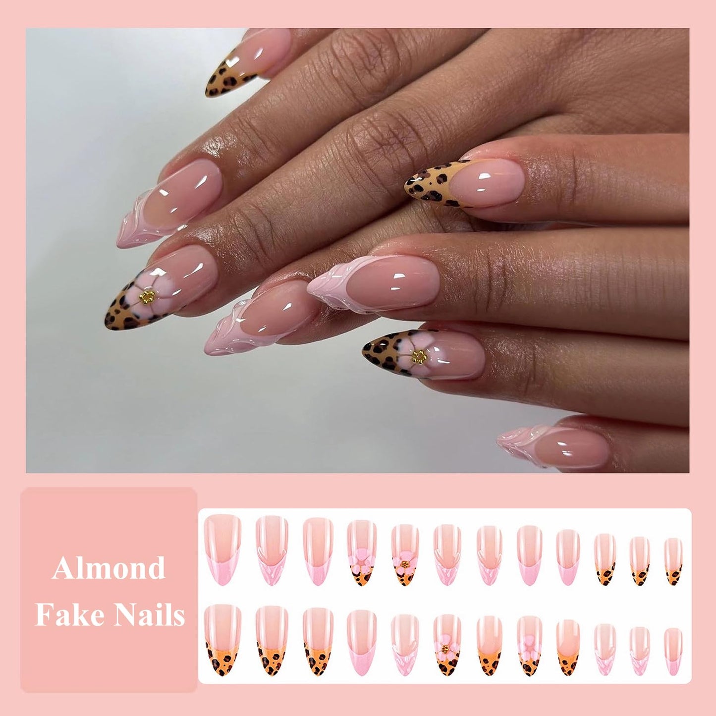 MISUD Press on Nails - Medium Almond Glue on Nails with Cheetah French Tip, Acrylic Pink Flower Design 24 pcs