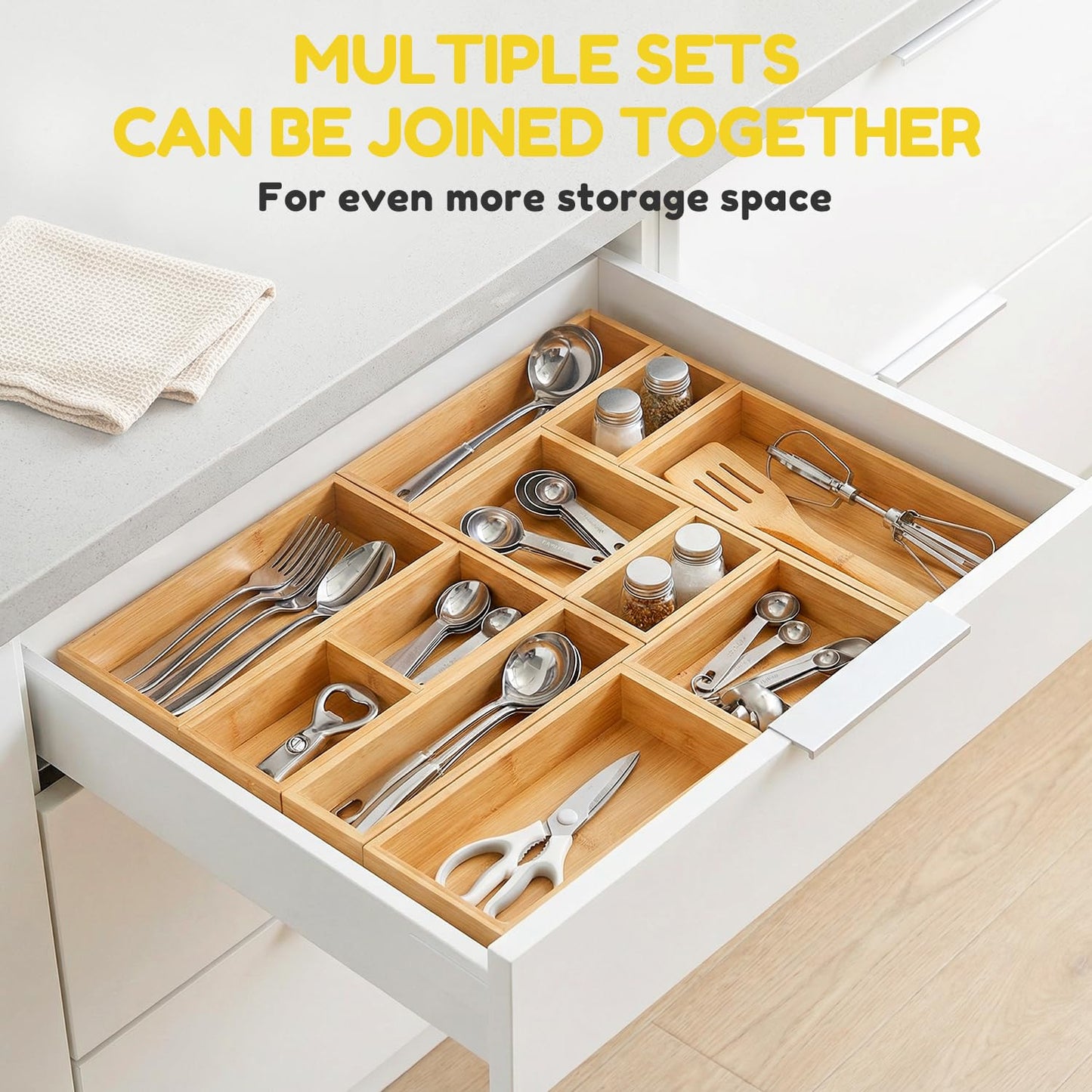 lilLittle Bamboo Drawer Organizer, 3 Pcs Kitchen Drawer Organizer Set, Multi Purpose Utensil Drawer Organizer, Silverware Organizer for Kitchen, Bathroom, Office, Junk Drawers