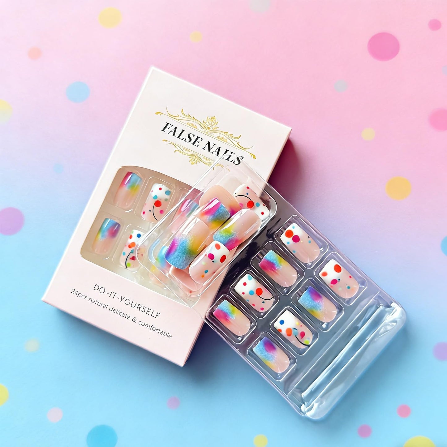 Ombre Press on Nails Medium Square Fake Nails with Colorful Polka Dots Design Acrylic False Nail Glossy Full Cover Stick on Nail Reusable Artificial Summer Nails for Women Manicure 24Pcs