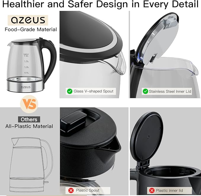 AZEUS Fast Boil Electric Water Kettle, 1.8L Large Capacity with Auto Shut-Off and Boil-Dry Protection, BPA-Free Borosilicate Glass &Stainless Steel