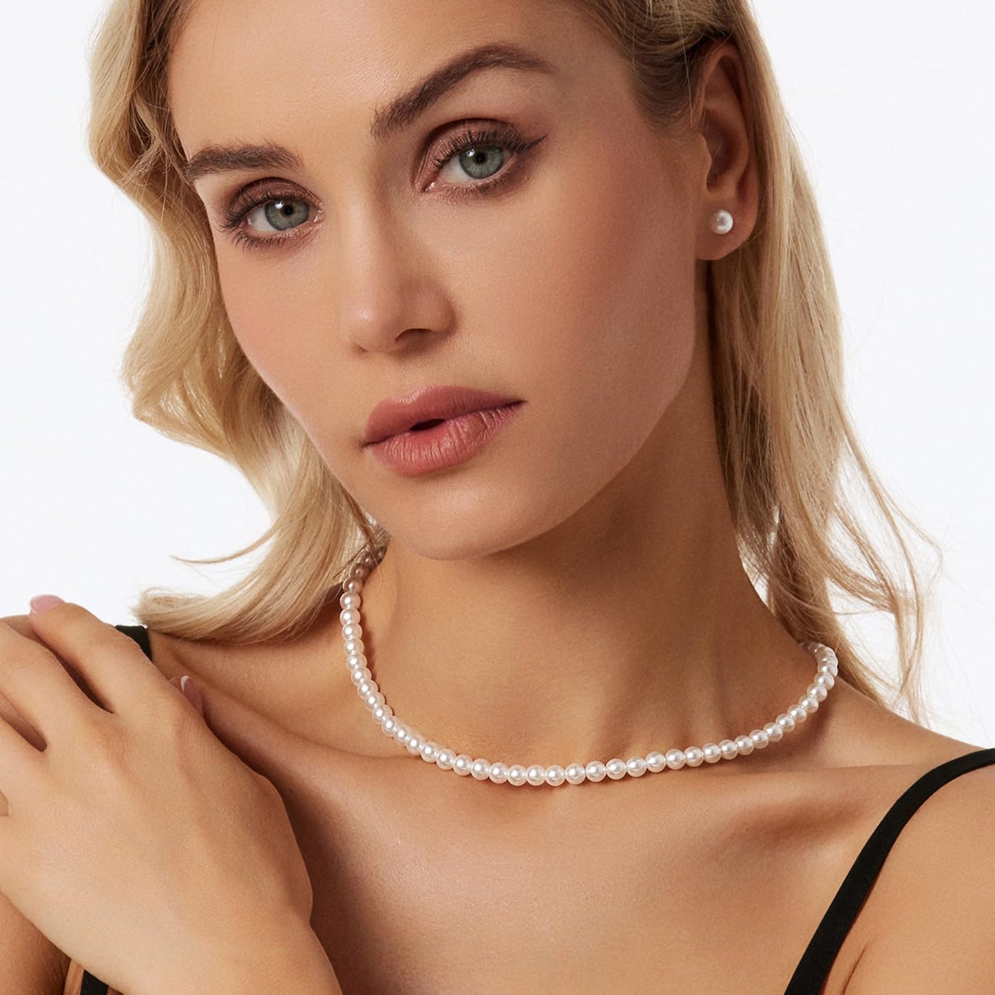 Zeffy Pearl Necklace and Earring Set for Women, 2PCS White Round Faux Pearl Necklace Earring Set, Jewelry for Brides