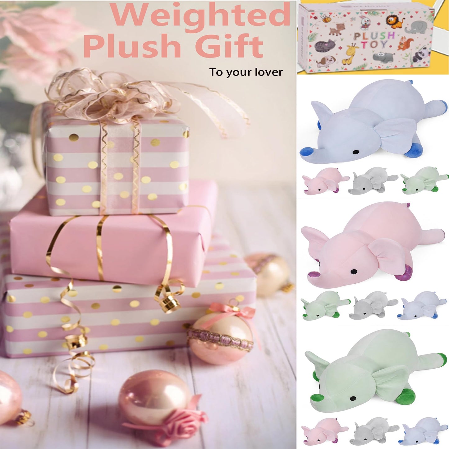 WeBingo 4.2 lbs Elephant Weighted Stuffed Animals, 24" Weighted Elephant Plush Toy Weighted Plush Animal Throws Pillows Gifts for Kids & Adults