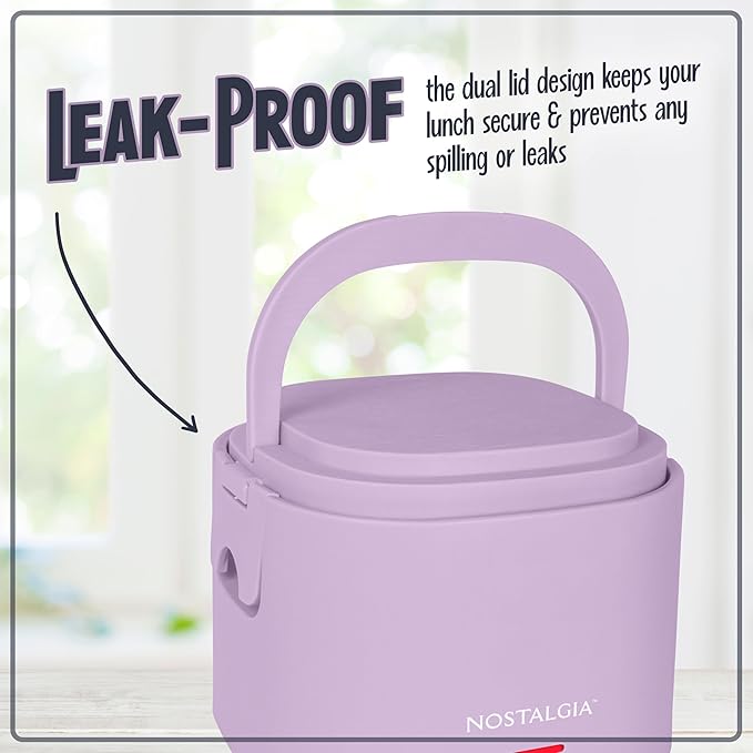 Nostalgia Portable Heated Lunch Box – 2.5-Cup Stainless Steel Food Warmer – Detachable Cord, Leak-Proof Lid, Carry Handle – Portable for Work & Travel – Lavender