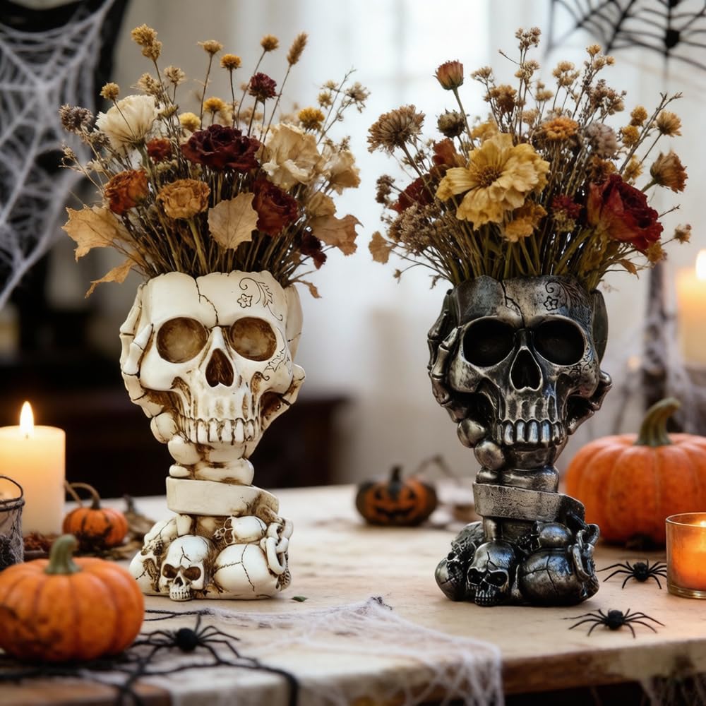 Skull Planter, Goth Flower Pot, Gothic Plant Pots, Succulent Pots with Drainage, Halloween Plant Pot, Tall White Skulls Statue, Funny Desk Home Decor, Cool Figurines Flower Pots Gift for Mother Father