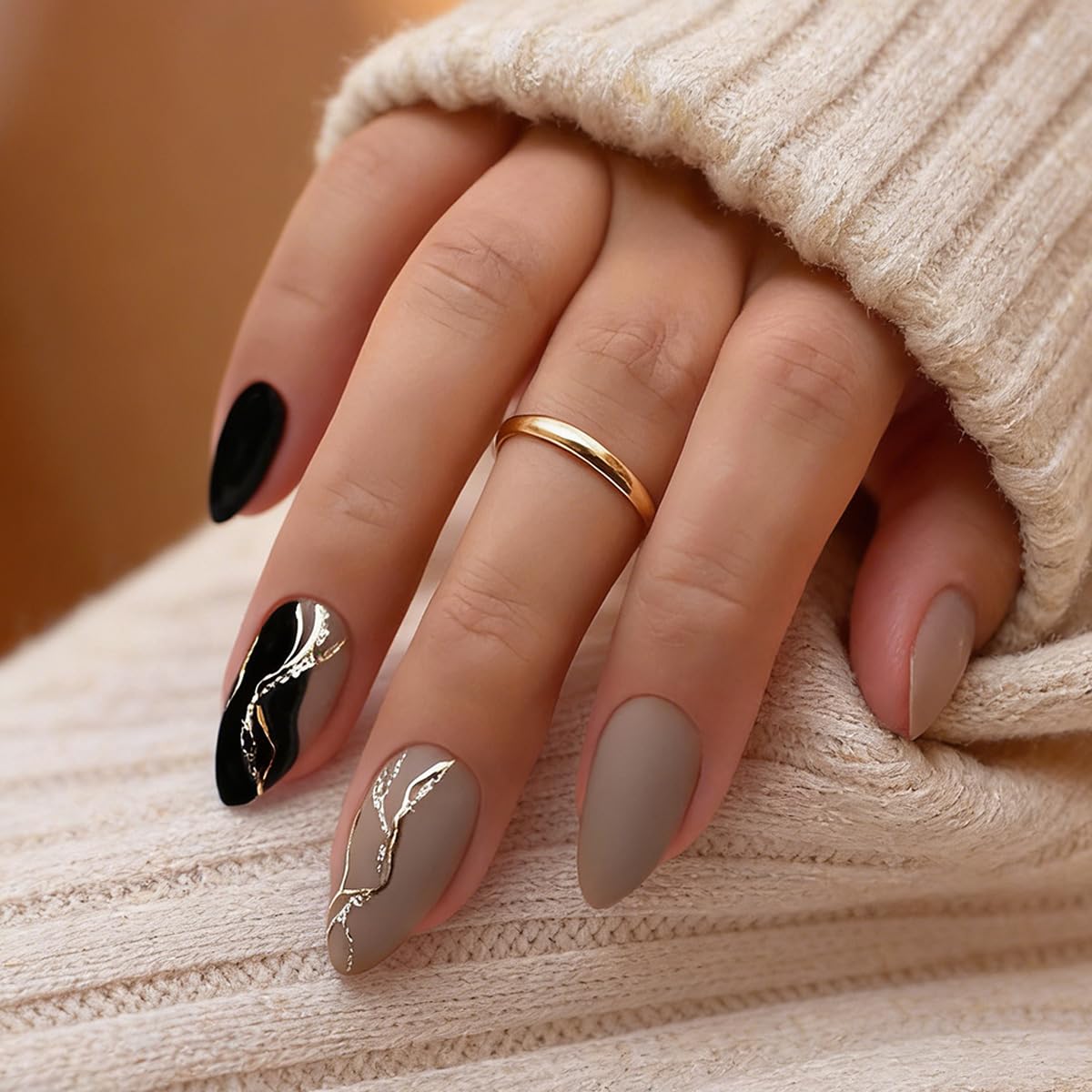 FJSMTOPl Almond Press on Nails Medium Fake Nails with Designs Grey Black False Nails Press ons Gold Foil Matte Acrylic Glue on Nails Artificial Stick on for Women Decorations 24Pcs
