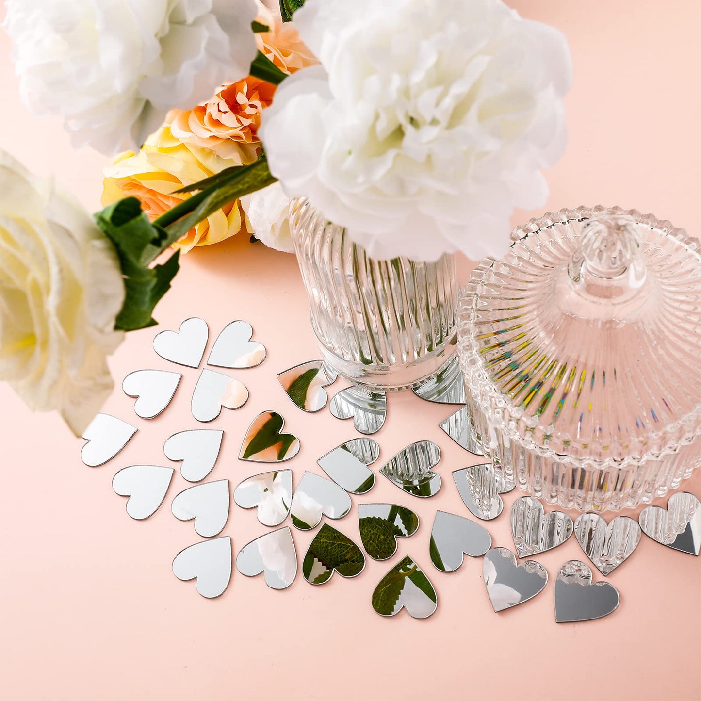 Jetec 100 Pcs Heart Shaped Mirror Tiles, Tiny Mirrors for Crafts, DIY Mosaic Small Circle Mini Mirror Tiles for Arts and Crafts Projects, Traveling, Framing, Room Home Decor(2 Inch)