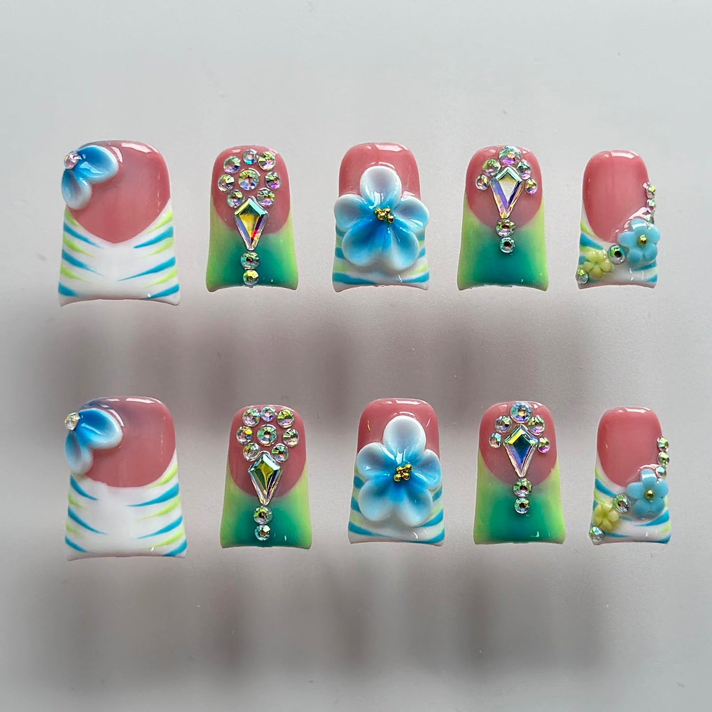 Luxury Press on Nails Short Duck Handmade 3D Unique Reusable ABS Material Fake Nails French Tip False Nails with Designs Floral Rhinestones Blue&Green Glossy Glue on Thick Acrylic Nails(S)