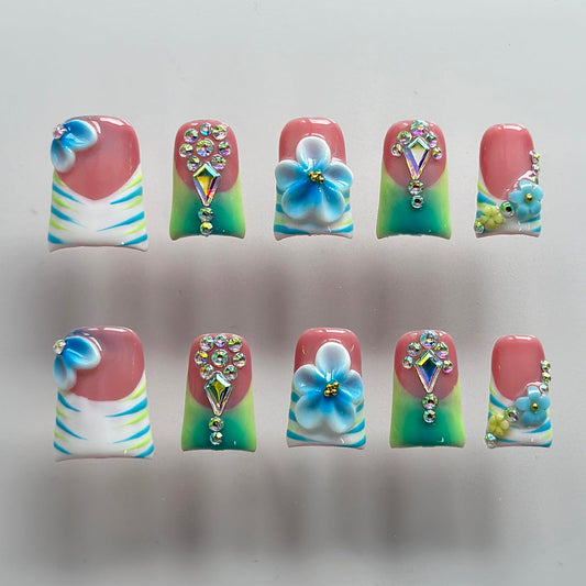 Luxury Press on Nails Short Duck Handmade 3D Unique Reusable ABS Material Fake Nails French Tip False Nails with Designs Floral Rhinestones Blue&Green Glossy Glue on Thick Acrylic Nails(S)