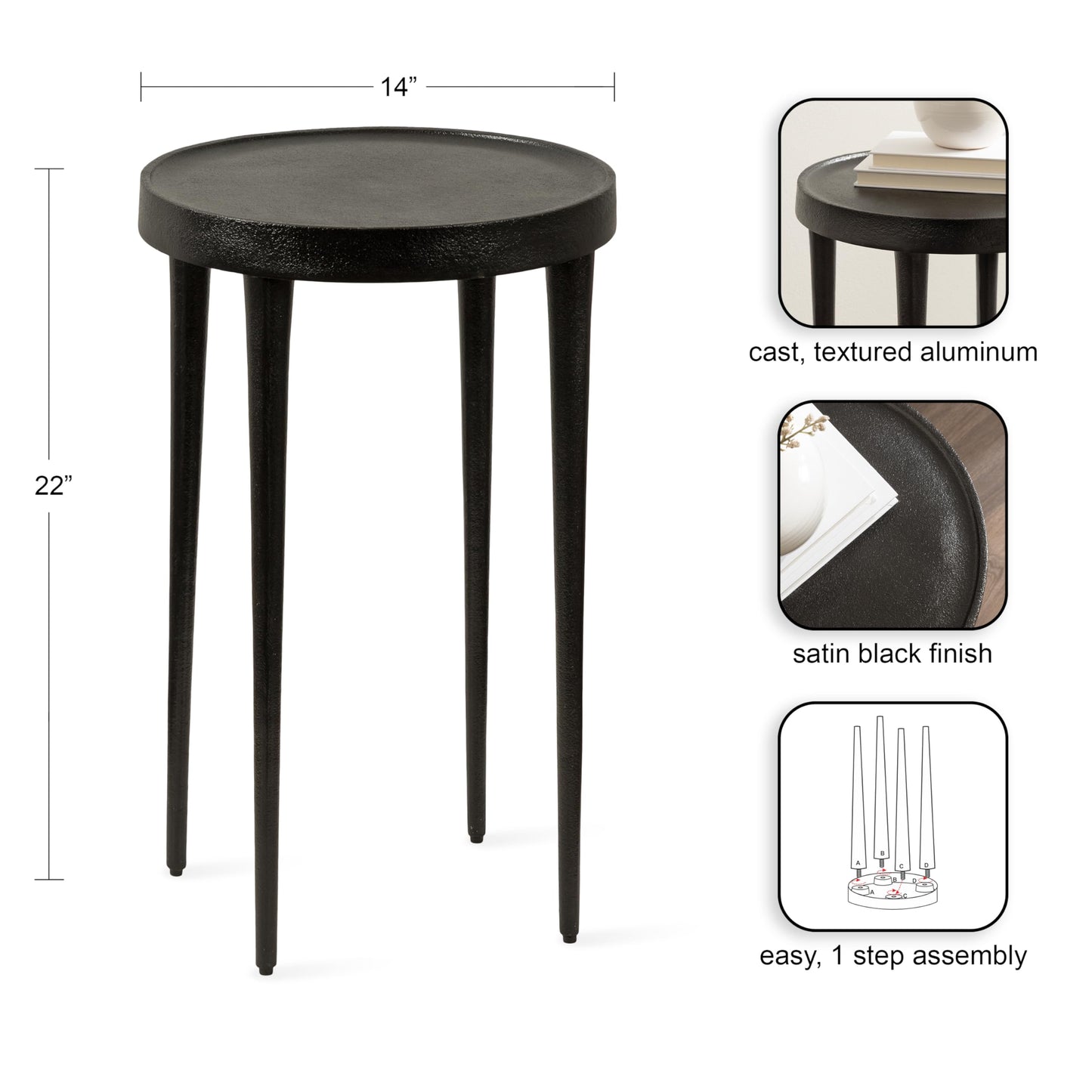 Kate and Laurel Rava Modern Metal Round Side Table, 14 x 14 x 22, Black, Cast Aluminum Accent Table for Use as Indoor Plant Stand or Living Room Decor Piece
