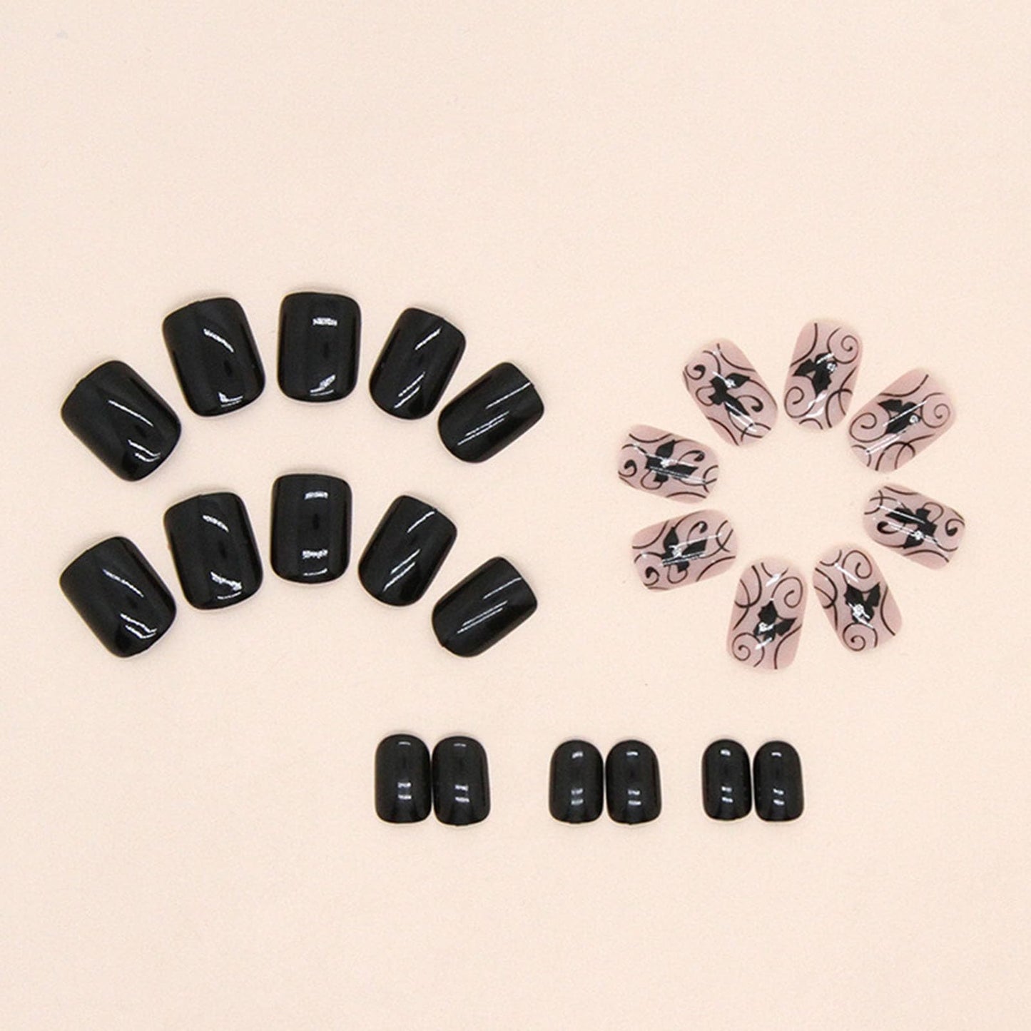 Acrylic Press On Nails - Short Square Fake Nails with Black Butterfly Designs - 24 Pcs Glossy Glue On Nails for Women