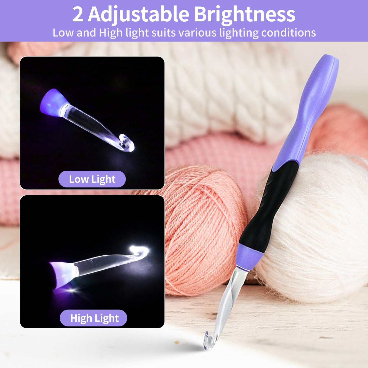 Light Up Crochet Hook Sets, 11 Sizes Interchangeable Lighted Crochet Hook Set, LED Rechargeable Crochet Hooks for Dark Yarn, Ergonomic Grip Crochet Kit for Beginners Crochet Needles Kit with Case