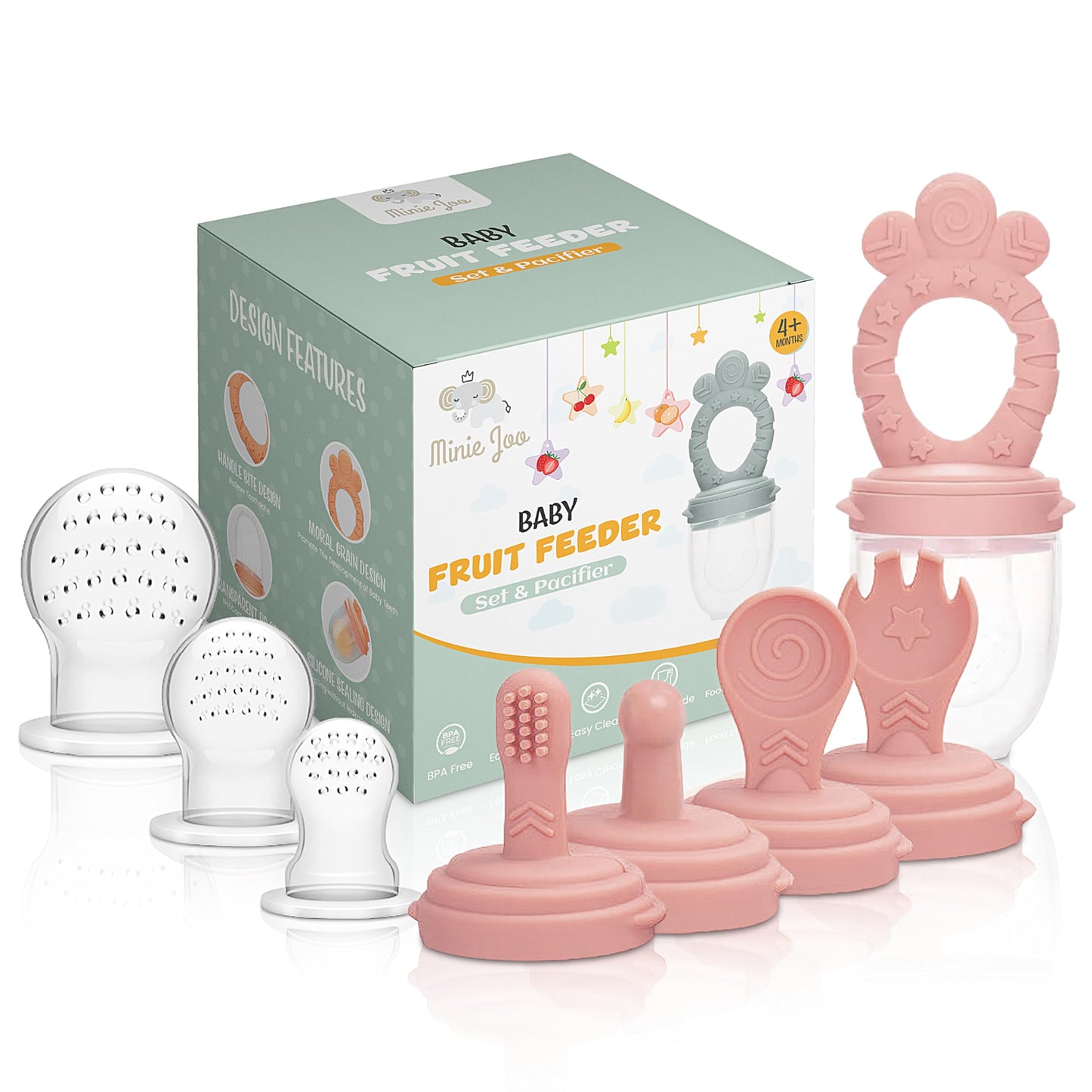 Minie Joo Baby Fruit Feeder Set – BPA-Free Silicone Fresh Food Feeder with 3 Replacement Teats, Teething Feeder for Fruits & Purees, Safe Self-Feeding for Babies 4+ Months