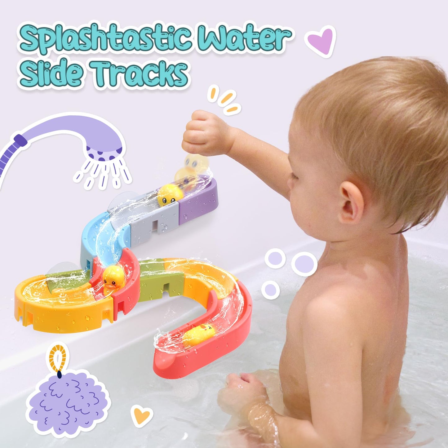 CUTE STONE Baby Bath Toys, No Hole Floating Squirting Bathtub Toy W/ Water Slide Building Track, Duck Fishing Net Game, Toddler Shower Toys, Water& Pool Toys, Educational Gifts for Boys Girls