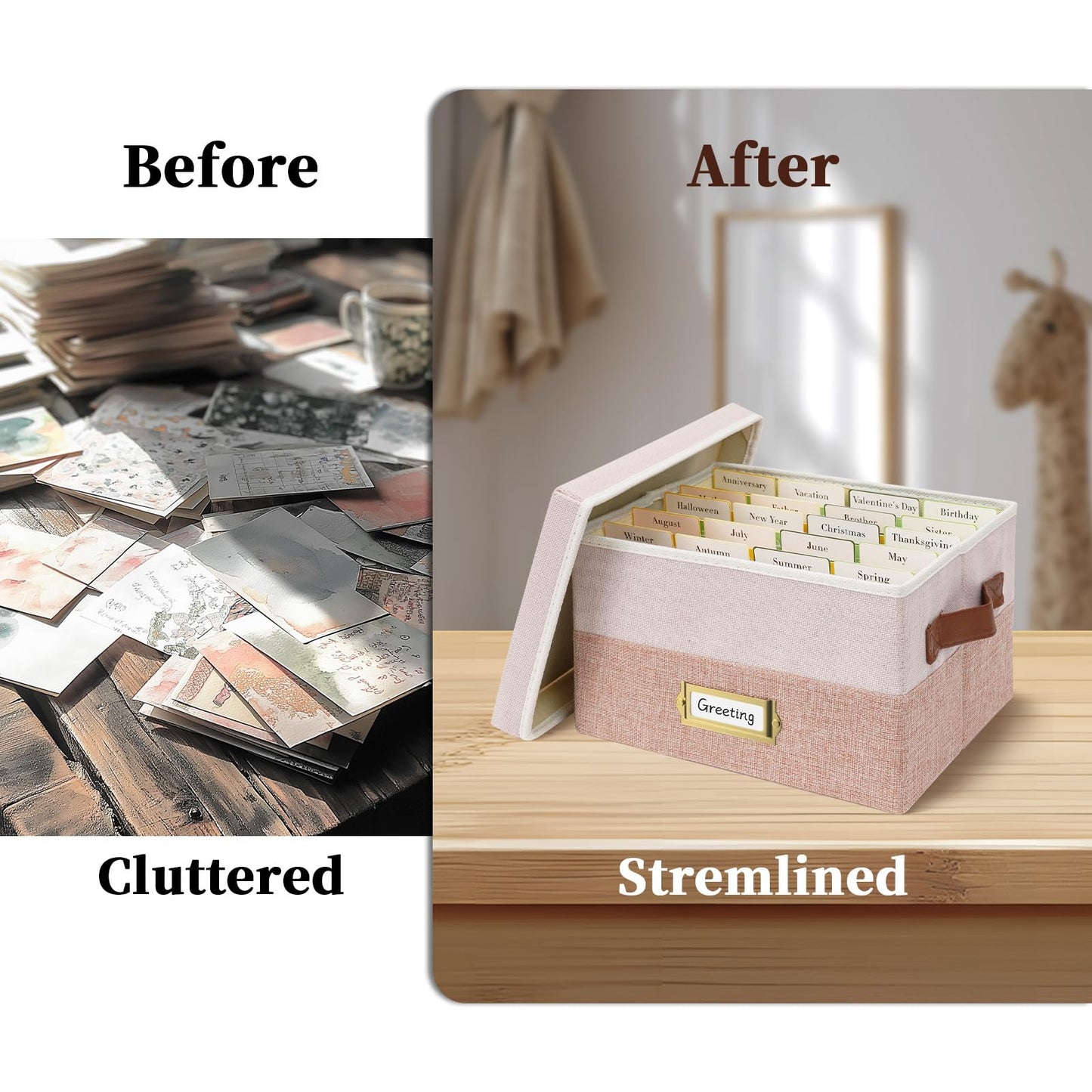 Vienrose Greeting Card Organizer Box with 20 Removable Dividers, 84 Self-Adhesive Labels, Foldable Storage Box Great for Greeting Cards, Photos, Envelopes, Stickers, Postcards Light Pink&Lotus