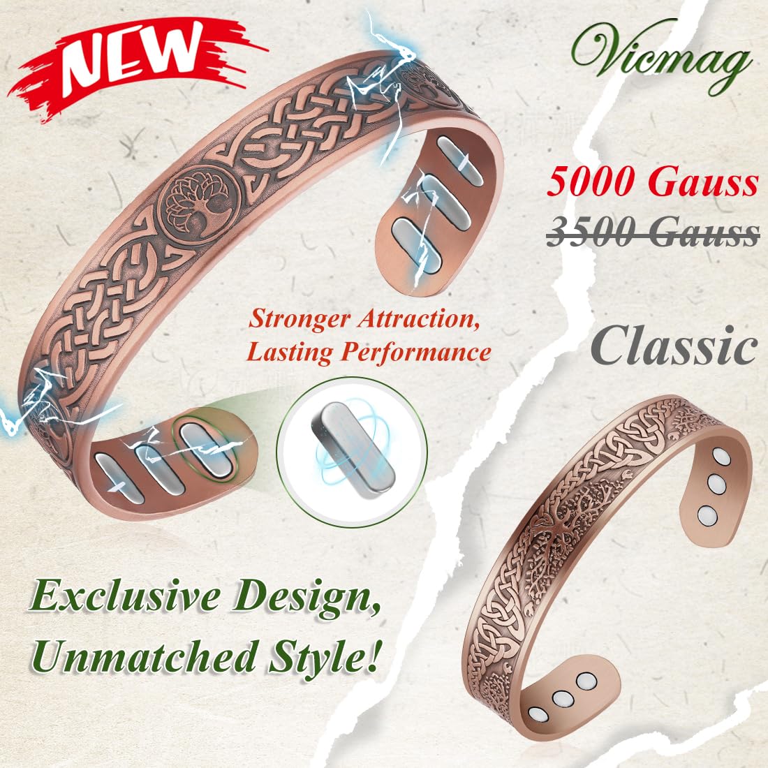 Vicmag Copper Bracelet for Men 9X Strength Magnetic 99% Pure Copper with 5000 Gauss Magnets, Tree of Life Present Box Adjustable(Axe Tree)
