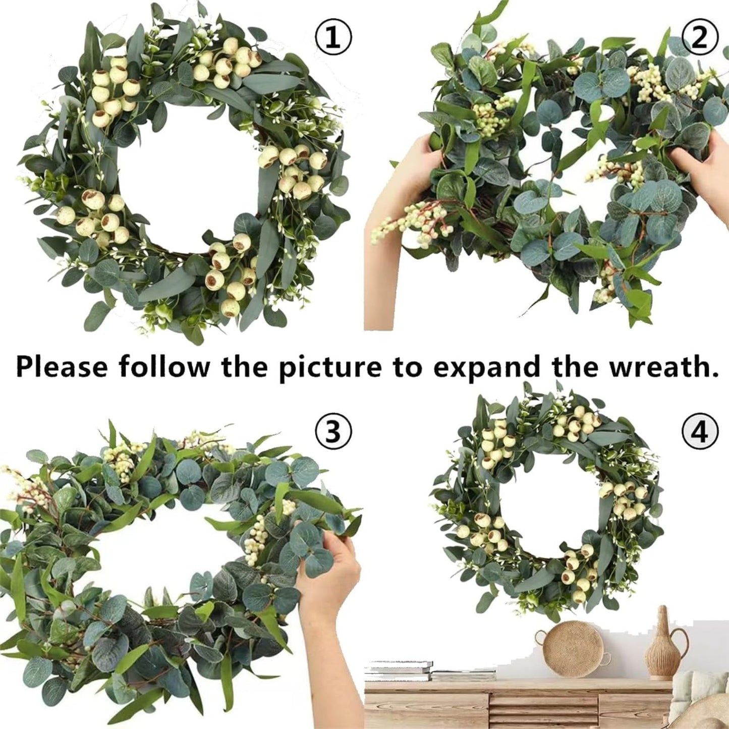Eucalyptus Wreath, 20" White Berries Artificial Greenery Olives Leaves Spring Wreath,Holiday Large Front Door Wreath for Porch Outdoor Farmhouse Window Wedding Wall Home Decoration