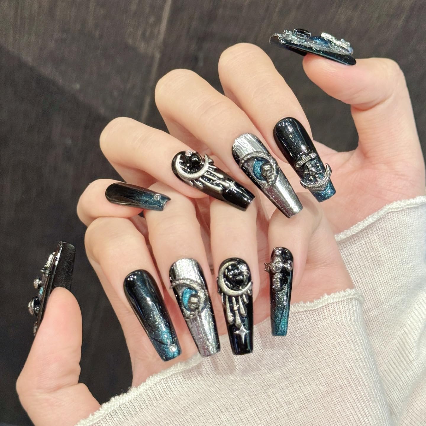 Handmade Press on Nails Square Dark Snake-Shaped Star and Moon 3D Nail Art in Silver-Black, Cool Gothic Style Acrylic Nails Press on Handmade Nails 3D Handmade Press on Nails(S)