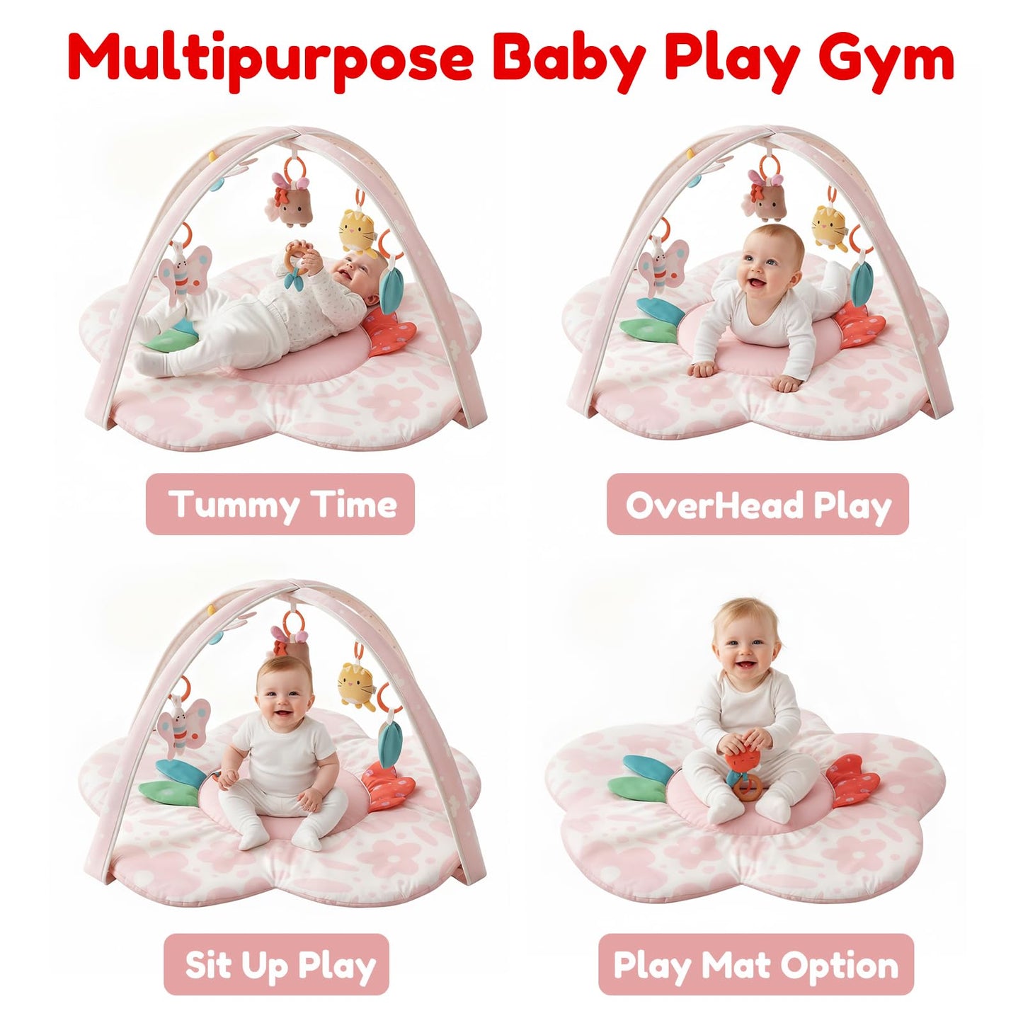 Baby Play Gym & Activity Mat with Light-up Musical Arch, Washable Tummy Time Mat with 6 Detachable Sensory Toys for Motor Skills, Baby Essentials Shower Gift - Updated Spring Blossoms Themed