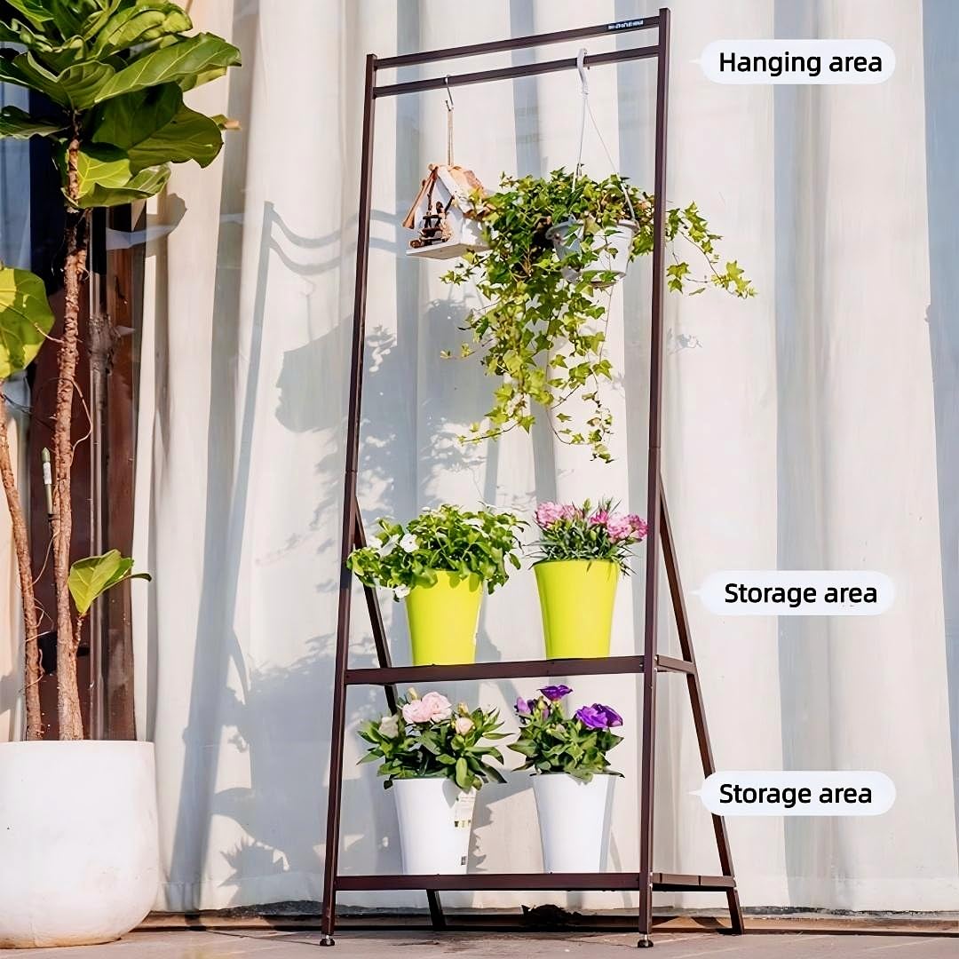 MultirackX Hanging Plant Stand Folding Plant Stand 2 Tier Ladder Shelf with Hanging Rod Height Adjustable Flower Pot Display Organizer for Balcony Porch Living Room