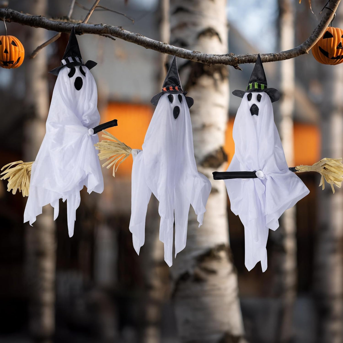Hourleey Halloween Hanging Ghosts Decorations, 3 Pack 23" Cute Flying White Ghost with Broom, Halloween Decor Outdoor for Front Yard Patio Lawn Garden Party Porch