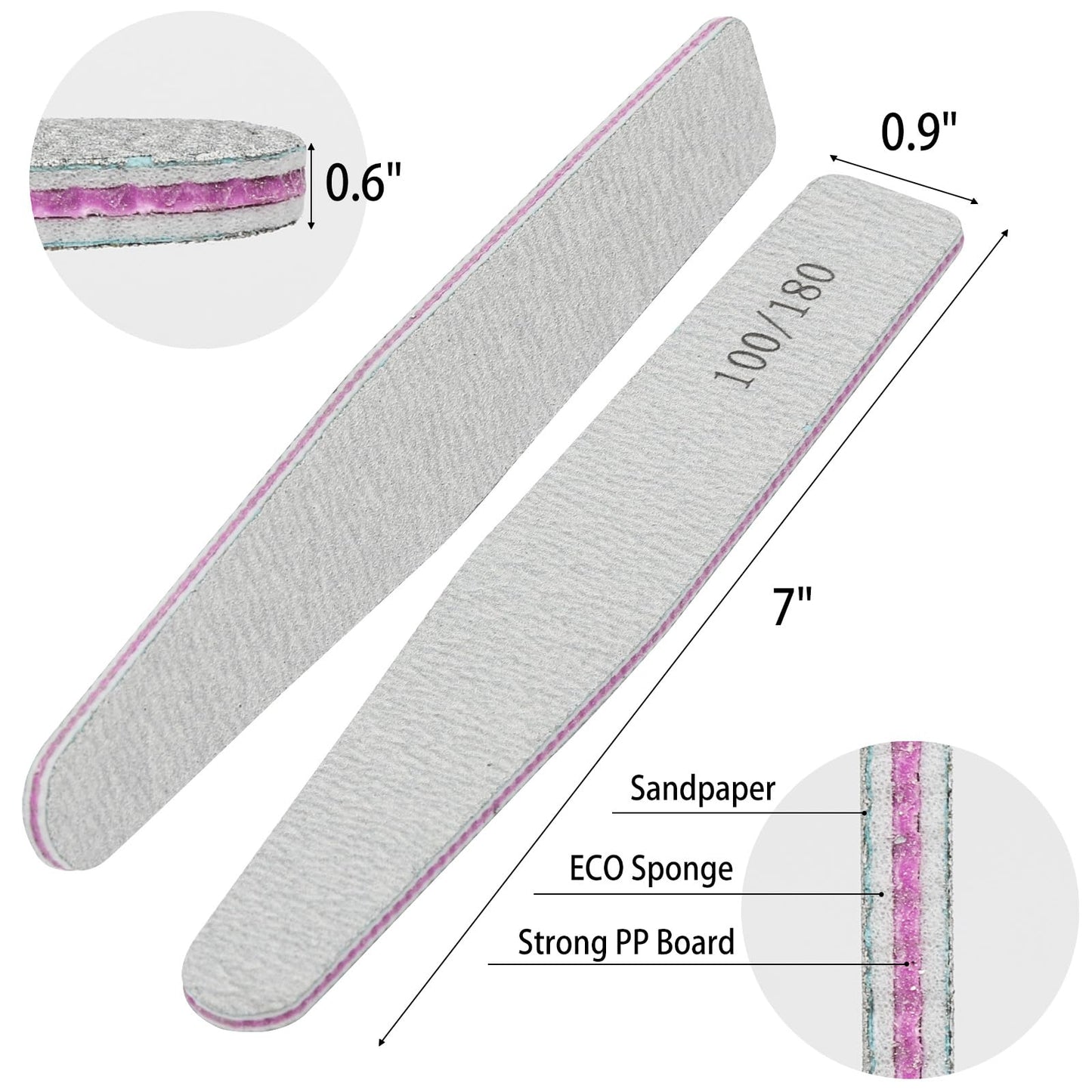 BTYMS 50 Count 100/180 Grit Nail Files for Acrylic Nails, Double Sided Emery Boards Reusable Nail Buffing Files