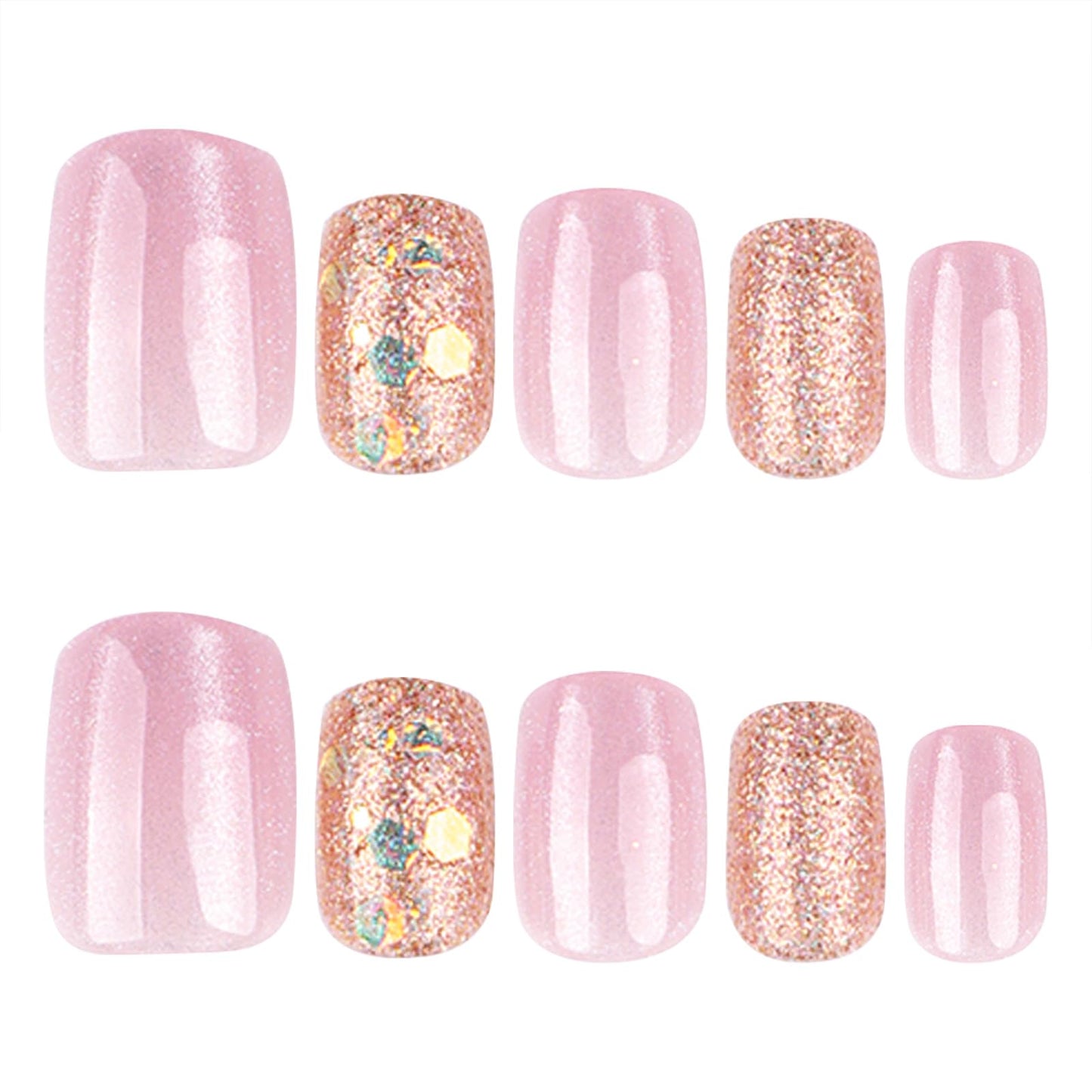 Stbisen 24PCS Short Square Press On Nails, Pink Jelly Glitter Fake Nails, Reusable Short Length Stick On Nails with Iridescent Sparkle Design for Women DIY Salon Manicure