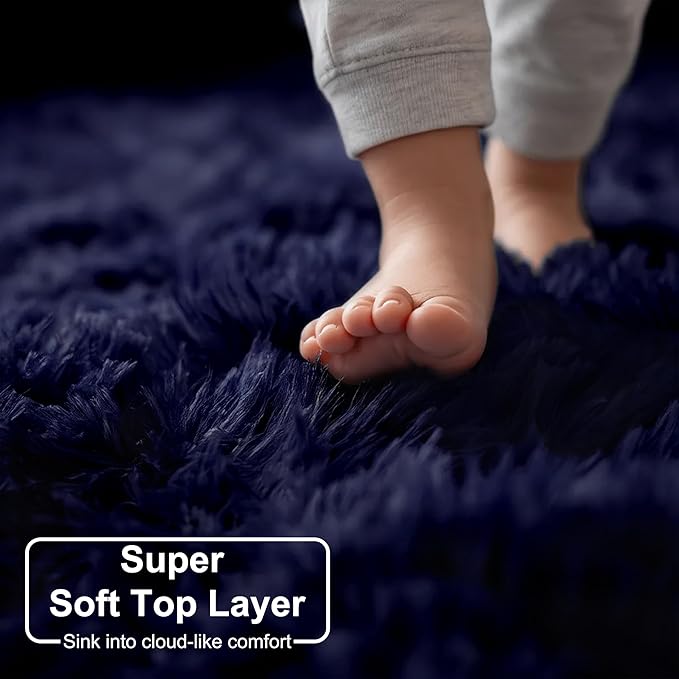 Dark Navy Round Rugs 5Ft for Teen Boys Bedroom, Circular Fluffy Shag Fuzzy Plush Circle Area Rug for Kids Room, Living Room Decor Aesthetic, Indigo Furry Cool Dark Blue Carpet for Dorm Baby Nursery