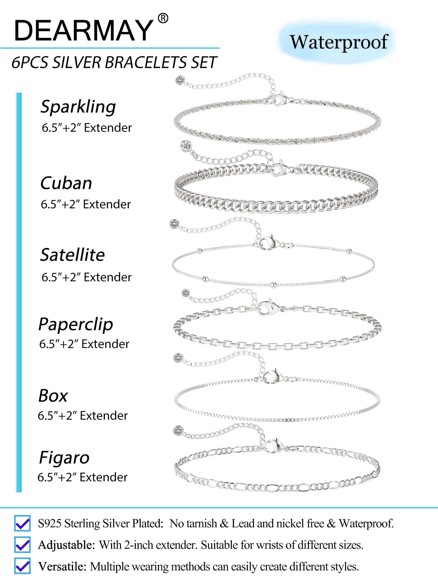 DEARMAY 925 Silver Plated Bracelets for Women Trendy Dainty Silver Plated Jewelry Sets Waterproof Fashion Stackable Box Beaded Figaro Rope Cuban Chain Bracelet Pack Stack Gifts for Womens
