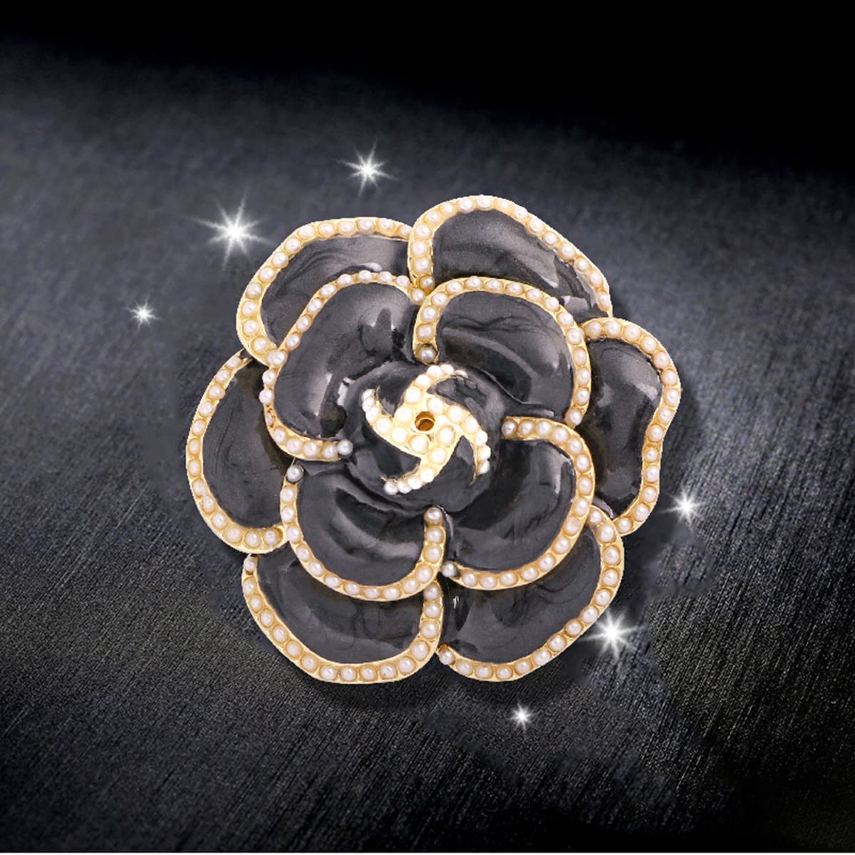 Enamel Camellia Pearl Brooch - Elegant Petal Pin Wedding & Party Brooch Gift (Black)