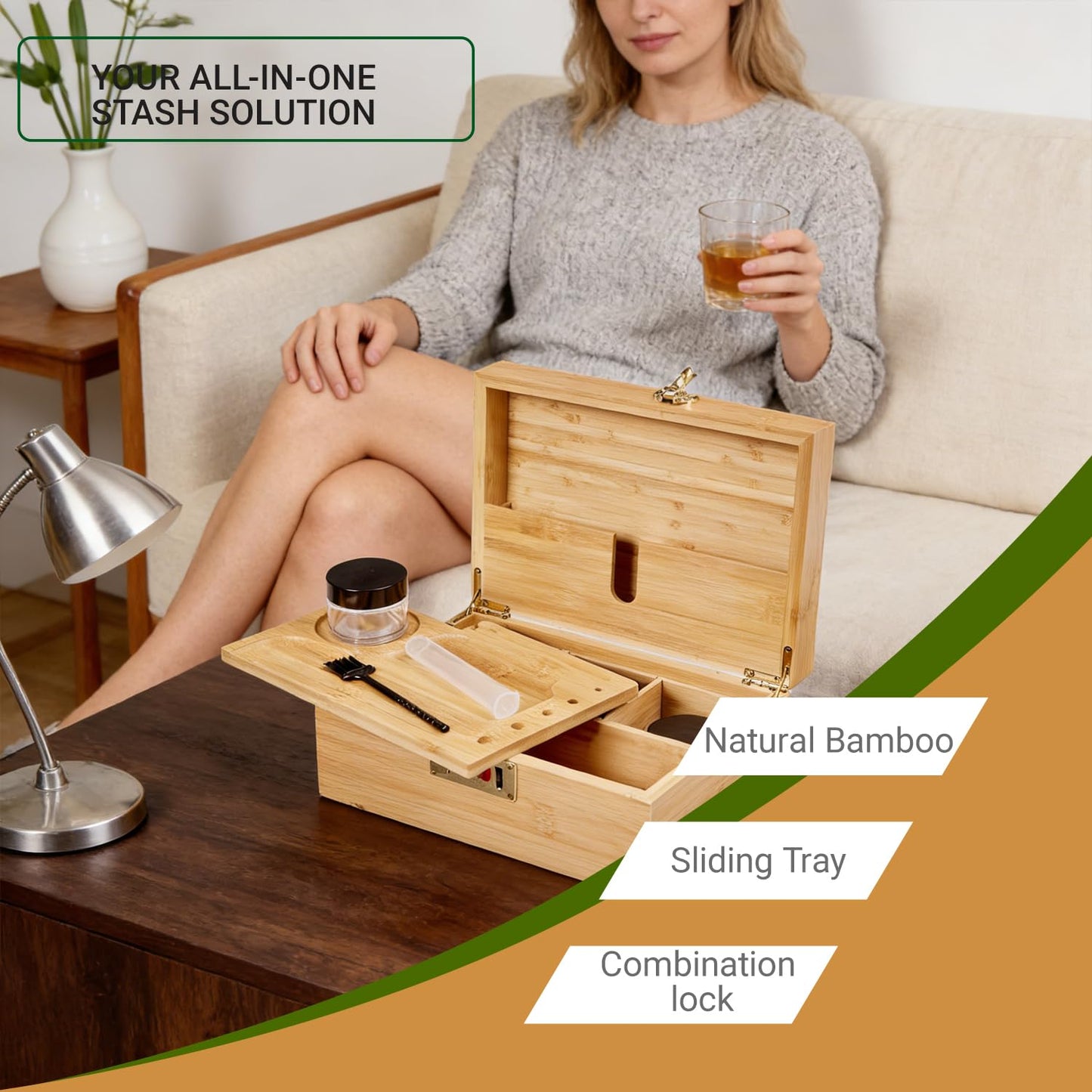 Bamboo Wood Desktop Organizer with 3 Glass Jars and Sliding Tray - Red Multi-Compartment Storage Case for Craft Supplies, Stationery, and Small Accessories (Natural wood colour)