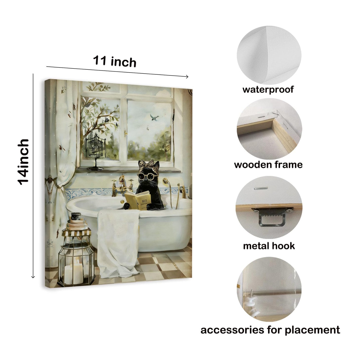 WODMIS Funny Black Cat Reading Bathroom Wall Decorations Framed Canvas Art, Black Cat Gifts, Whimsical Kitten Reading in Bathtub Decor Canvas Home Decorations for Bathroom Washroom Wall Decor 11x14