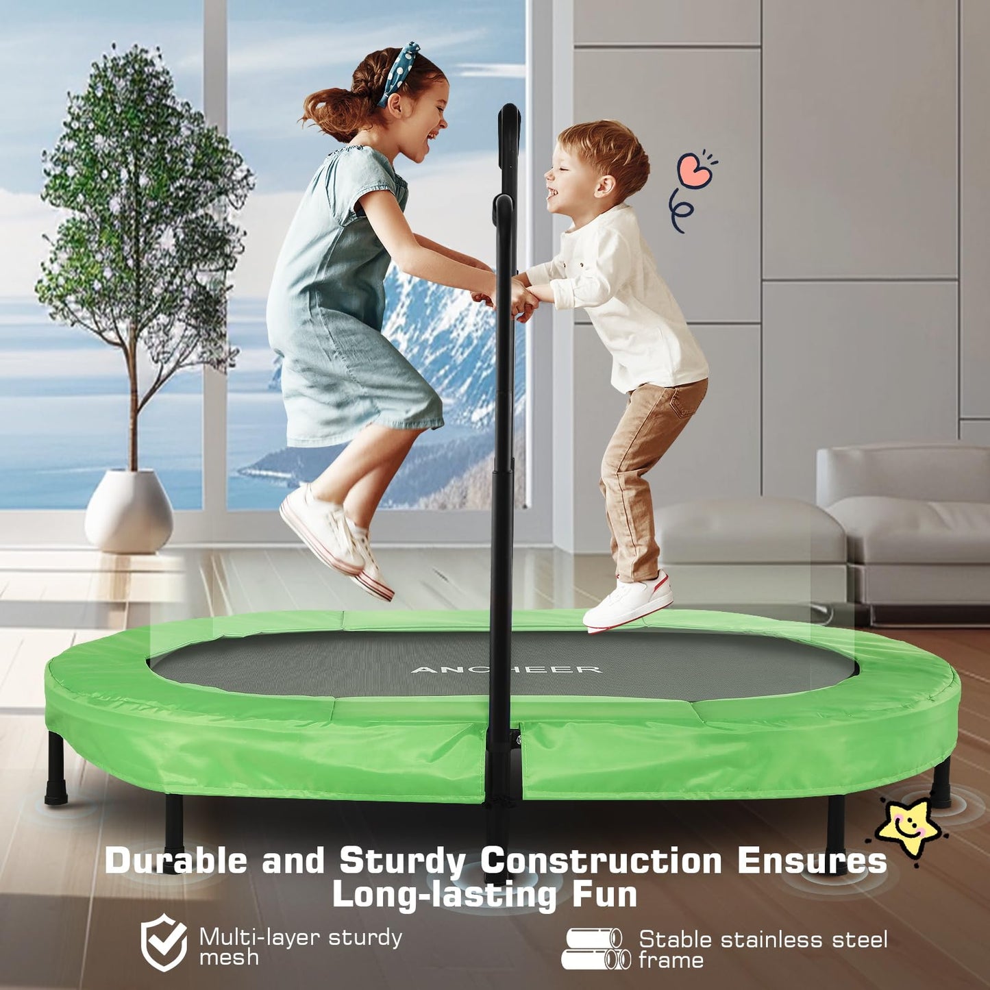 ANCHEER Trampoline for Kids, 56" Double Toddler Trampoline with Adjustable Handlebar, 220LBS Weight Capacity - Indoor/Outdoor Foldable Jumper for 2+ Users (ASTM Certified)