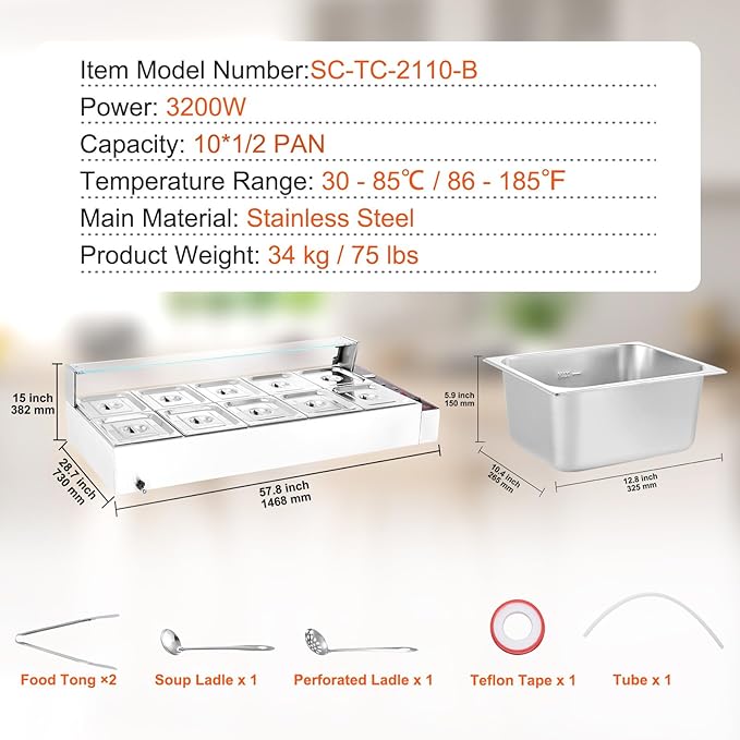 VEVOR 10-Pan Commercial Food Warmer, 10 x 12QT Electric Steam Table with Glass Cover, 3200W Countertop Stainless Steel Buffet Bain Marie w/Thermometer 86-185°F Temp Control for Catering, Restaurants