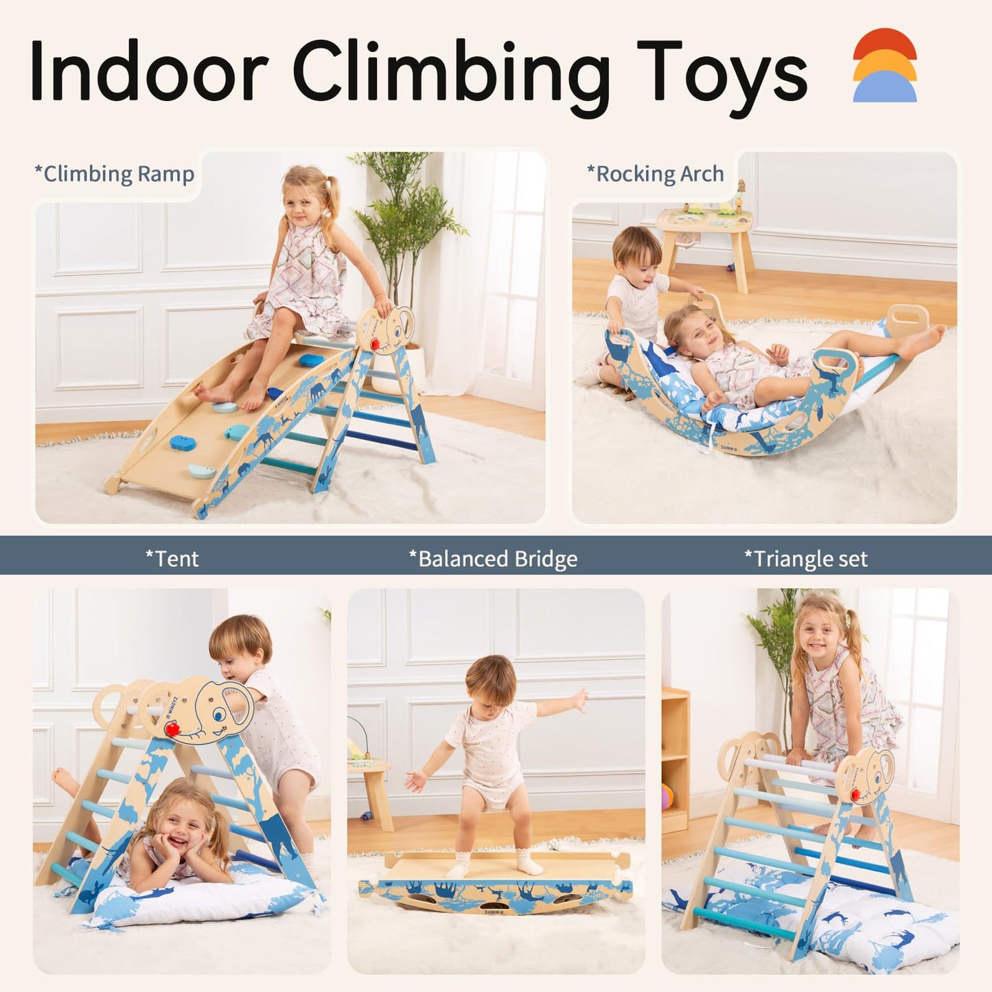 WINGYZ Pikler Triangle Set, Montessori Foldable 8-in-1 Jungle Gym with Reversible Animal Slide, Patent-Protected Climbing Set, Safe 2.35" Gap ASTM F963 Standards for Toddlers 18 Months-7 Years (Blue)