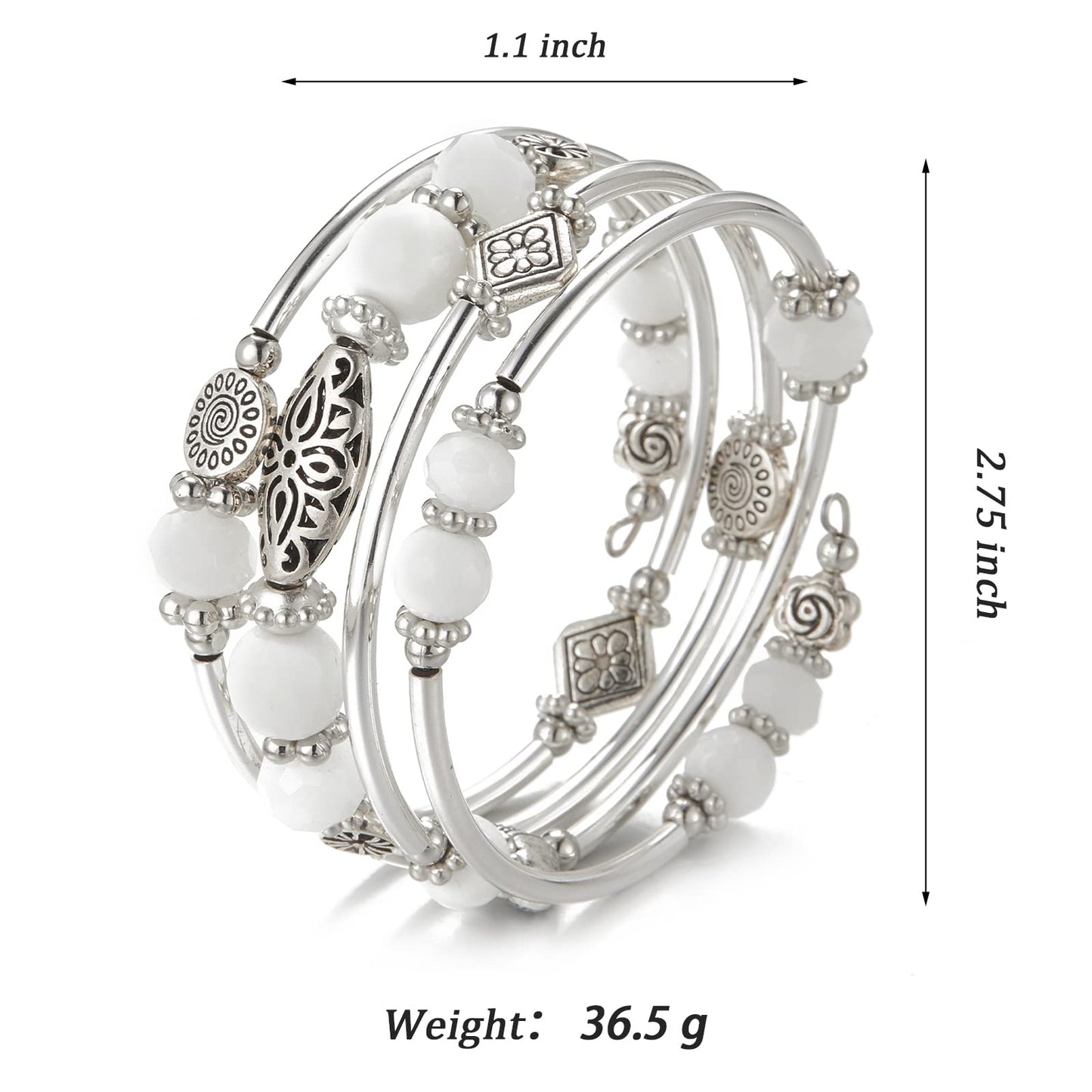 FULU AUTUMN Stackable Beaded Bracelets for Women Boho Wrap Silver Bracelet Layered Fashion Jewelry Gifts for Her(Porcelain White)