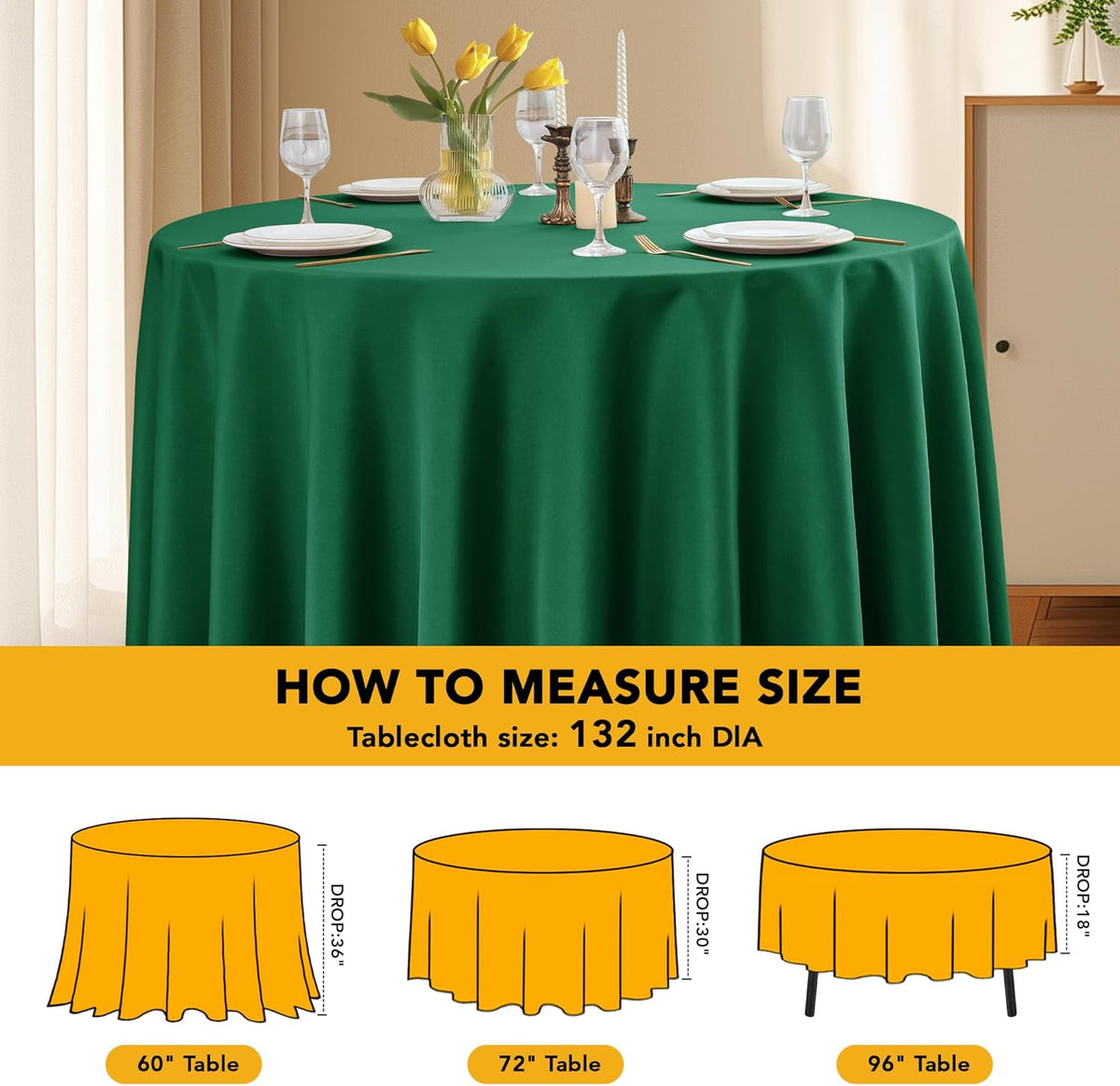 6-Pack Hunter Green Round Tablecloths, 132 Inches, Stain-Resistant Polyester for 6-8 Ft Round Tables - Washable Table Covers for Weddings, Banquets, Birthday Parties, Events