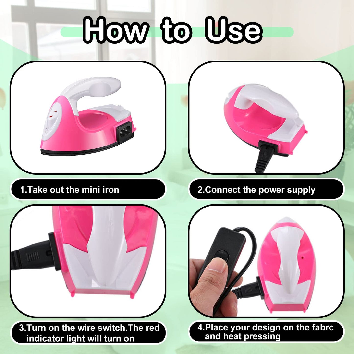 Zhehao 4 Pcs Mini Craft Iron Small Heat Press 3.39 x 2.36 x 2.56 Portable Heat Transfer Machine with Charging Base Accessories DIY Clothe Bead Patch Bag Hat Vinyl(Rose Red, Green, Blue, White)