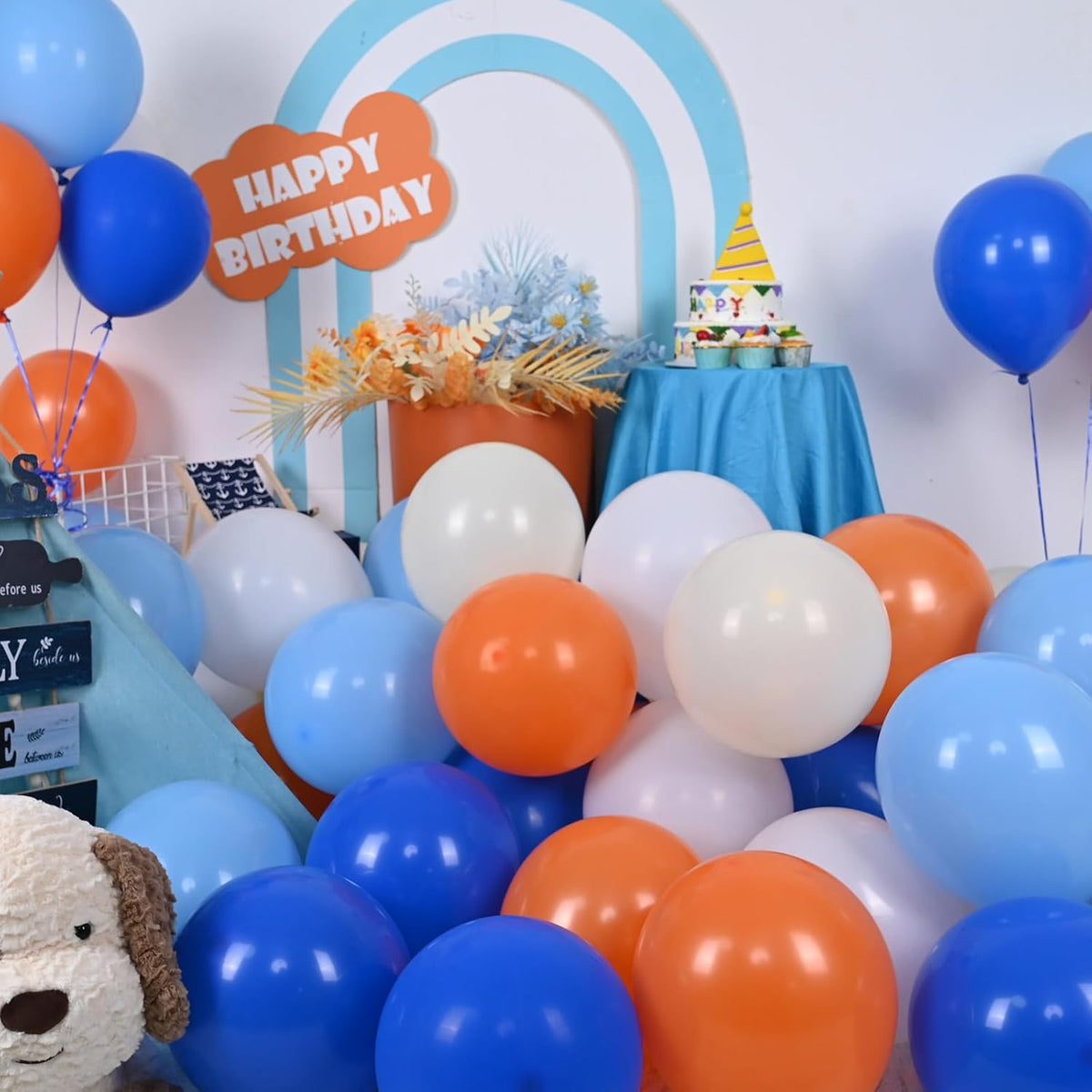 Togvu Orange and Blue Balloon, 12 Inch Orange Blue White Latex Balloons Orange Royal Blue White Balloons with Ribbons for Kids Birthday Baby Shower Space Thema Party Decorations