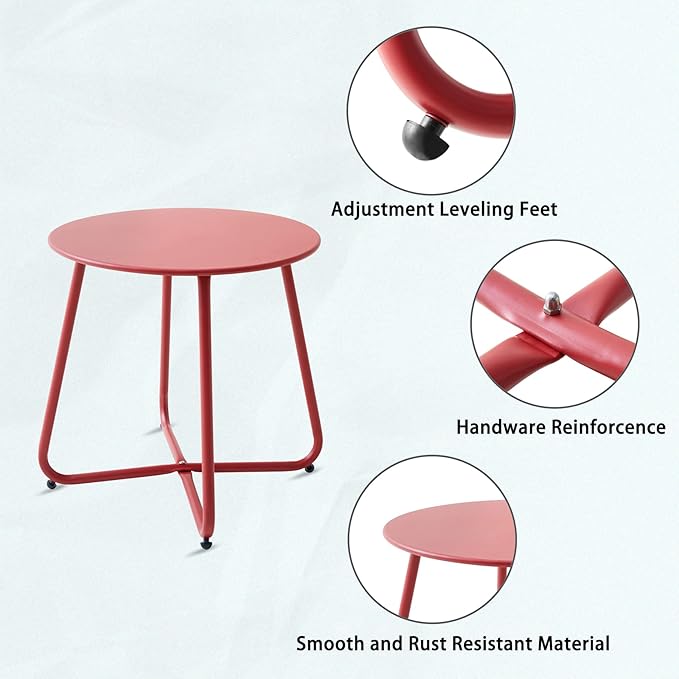Patio Small Side Table Waterproof Round Metal Steel Weather Resistant Portable Outdoor and Indoor End Table for Garden Balcony Yard, Red