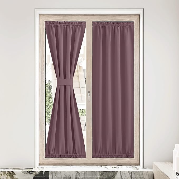 NICETOWN French Door Curtains for Kitchen Farmhouse Blackout Door Covering for Privacy Thermal Insulated Tie Up Shade Light Blocking Doorway Blinds for Bedroom, W36 x L80 Inch, 1 PC, Dry Rose