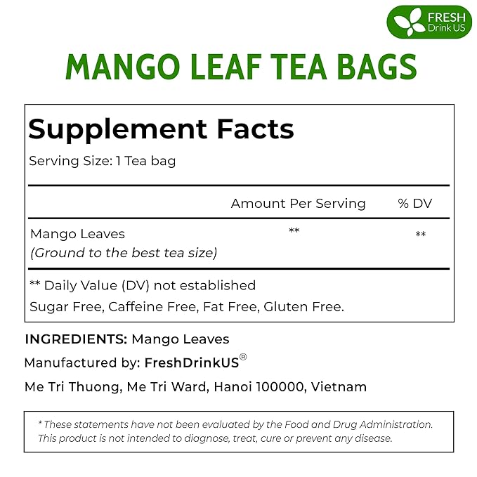 FreshDrinkUS, Premium 100 Mango Leaf Tea Bags, 100% Natural & Pure from Mango Leaves. Loose Leaf Herbal Tea. No Sugar, No Caffeine, No Gluten, Vegan.