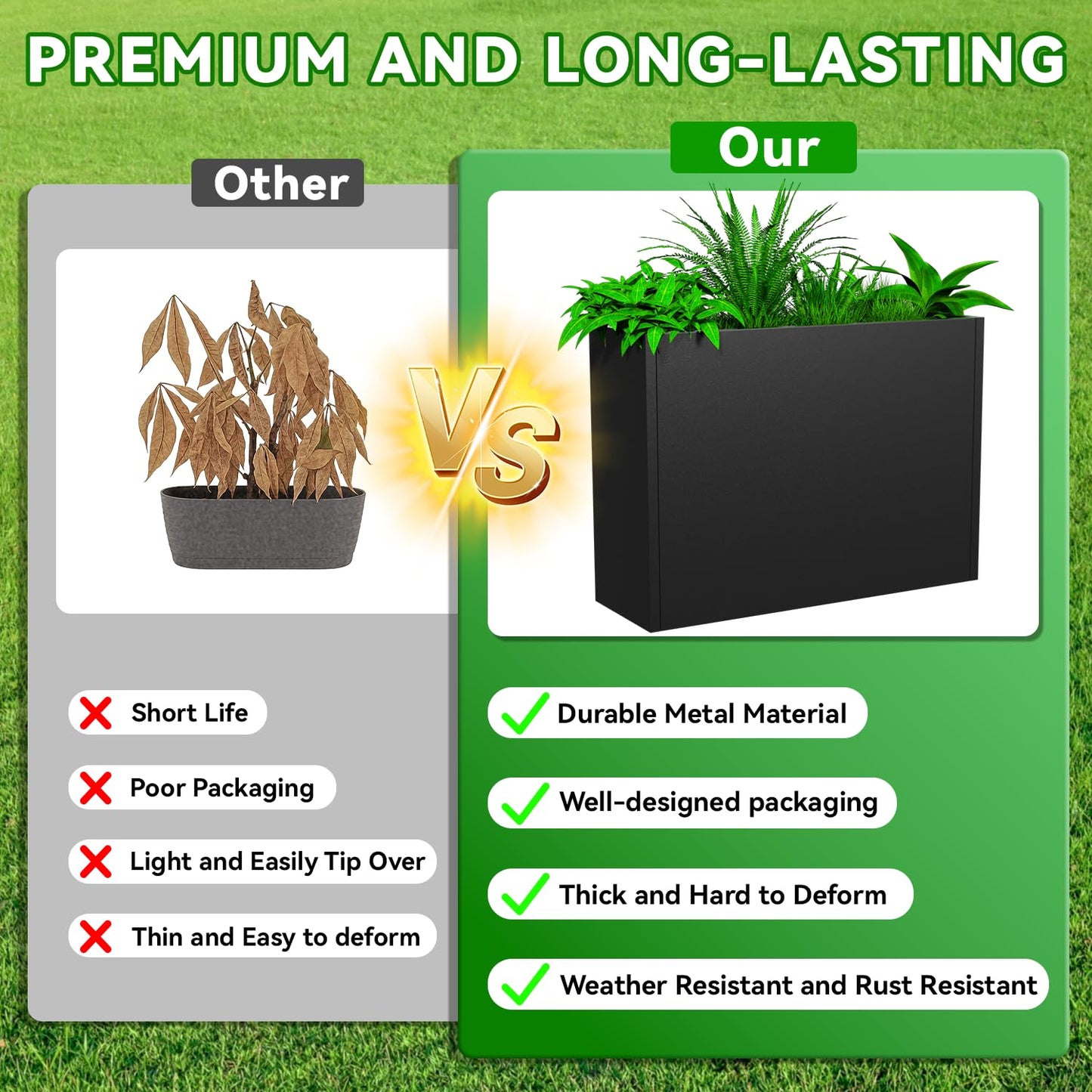 NUWJBYE Tall Metal Planter Box, 38" L x 10" W x 30" H Large Outdoor Planters with Drainage & Adjustable Shelf, Heavy Duty Steel Rectangular Planter for Patio, Balcony, Indoor(Black)