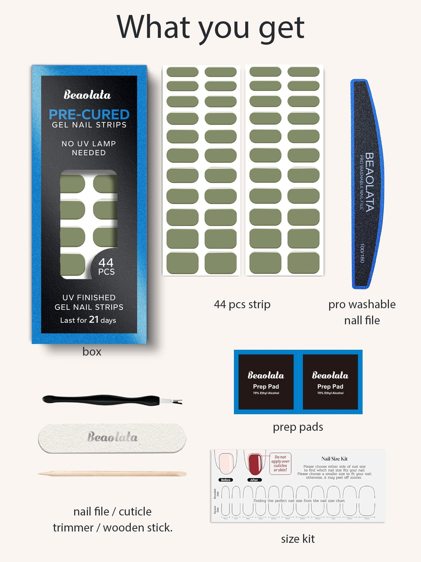 Beaolata Real Gel Nail Strips (No UV Light Needed) - 44Pcs Salon Quality Nail Stickers - Long Lasting Polish Wraps for Women, Easy Apply & Remove (Matcha Glaze Green)