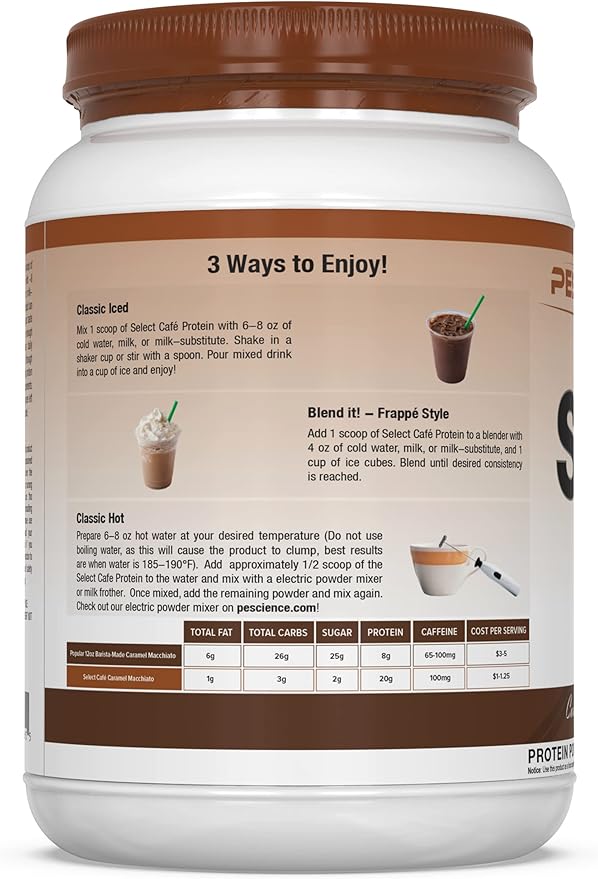 PEScience Select Cafe Coffee Protein Powder, Caramel Macchiato, 20 Servings, Whey and Casein Blend, Natural Caffeine, Clean Isolate Protein for Women and Men, Iced or Hot