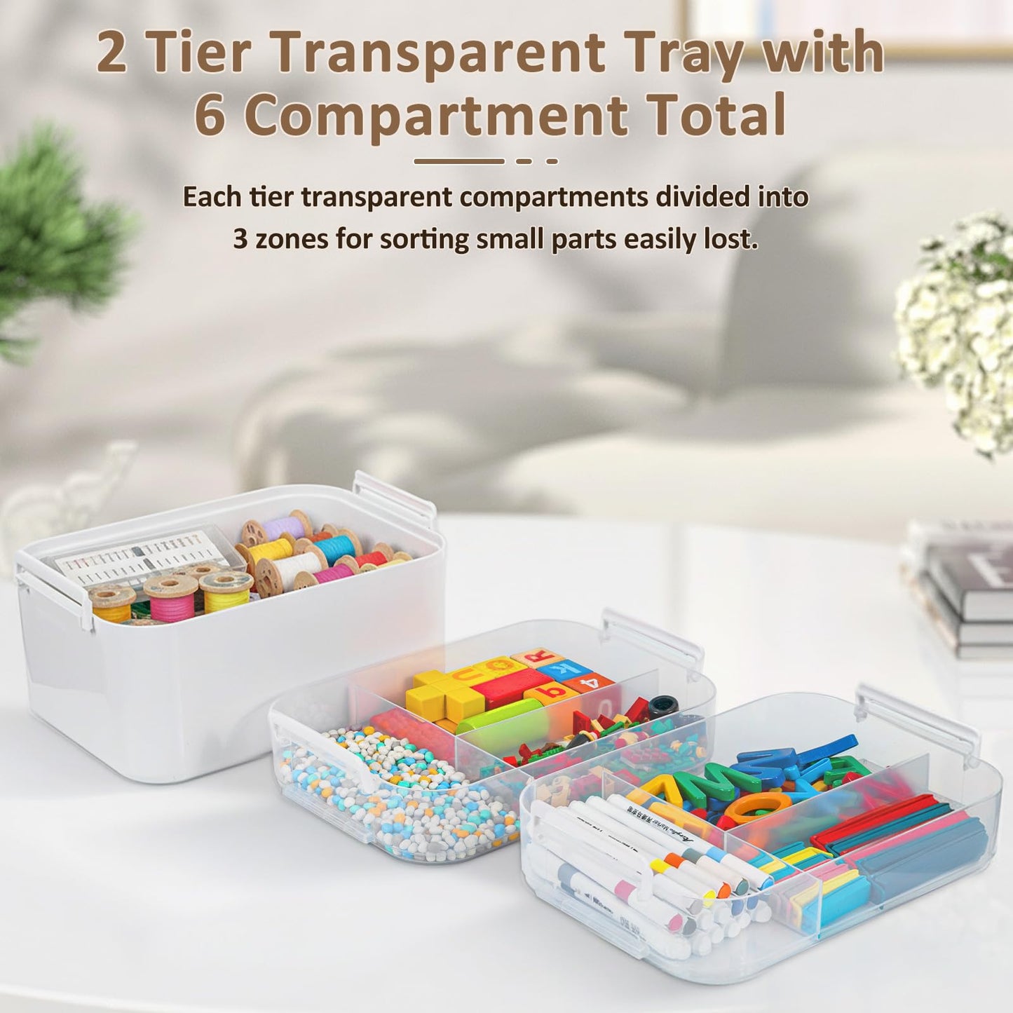 3-Layer Plastic Craft Organizers and Storage Box with Removable Trays, Storage Containers with lids and Handle, Art Supply Storage Organizer for Bead, Ornament, Nail Polish, Tape（10.62" x9"x7.67"）