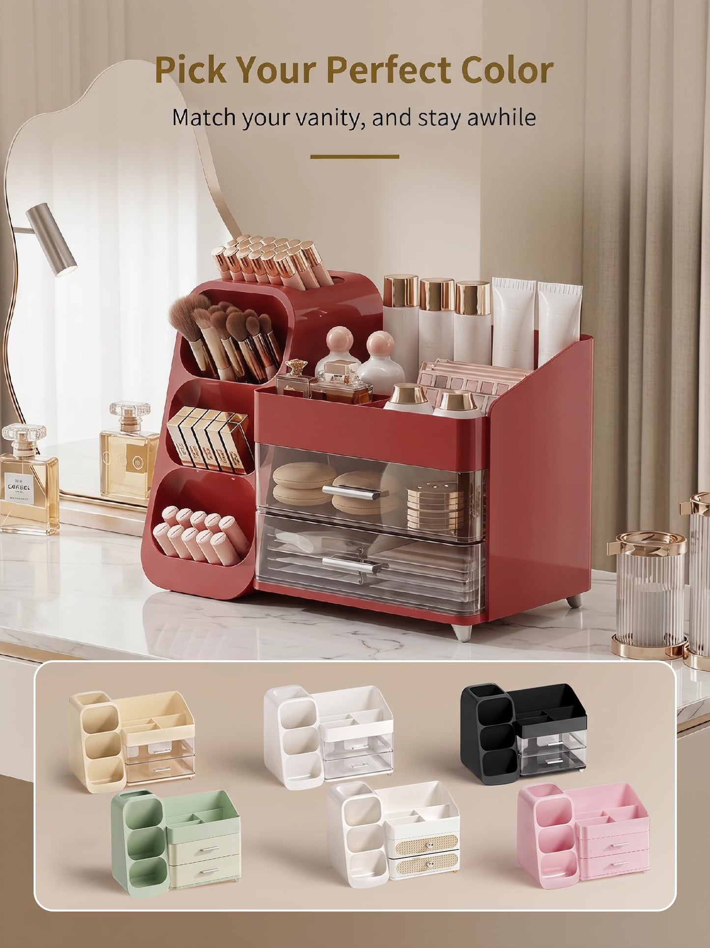 Booklov Makeup Organizer for Vanity, Large Capacity Cosmetic Display Case with Clear Acrylic Drawers, Countertop Beauty Storage Holder for Skincare, Brush Eyeshadow Lipstick, Counter Desk, Crystal Red