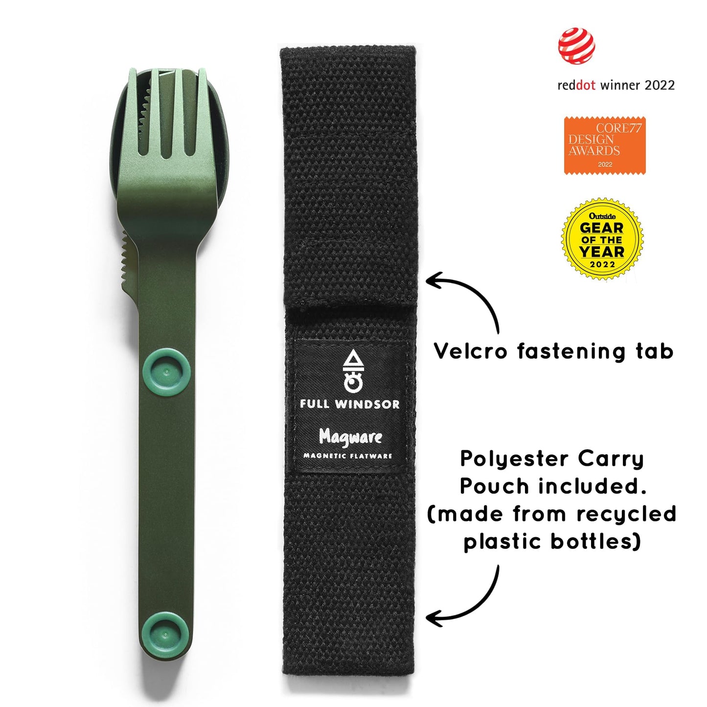 FULL WINDSOR - MAGWARE Magnetic Camping Cutlery Set - Travel Utensils for Camping, Cooking, and Outdoor Dining - Knife, Fork & Spoon - Portable Silverware with Pouch - Green (3 PCS)