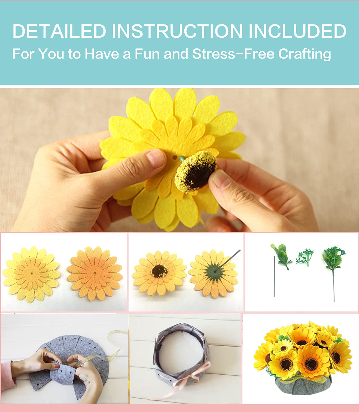 BAZIMA DIY Felt Flower Art Craft Kit, DIY Sunflower Pot Bonsai Kit, Floral Gifts, Beginner Craft Kit, Arrange Pre-Cut Flowers and Foliage