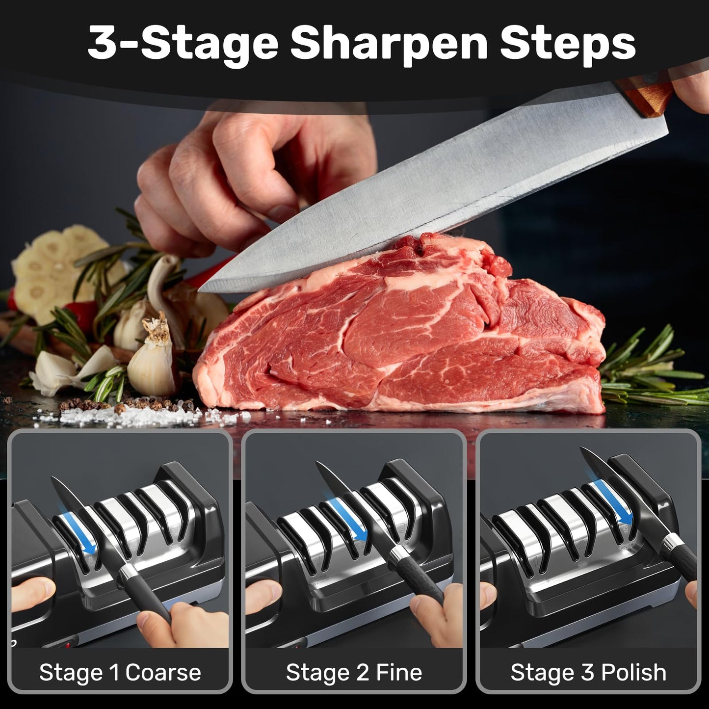 Enutogo Knife Sharpener, 3-Stage Electric Knife Sharpener for Kitchen Knives, 100% Diamond Abrasive with Quick Sharpening & Polishing, Professional Sharpening Tool with Metal Dust Collection Box